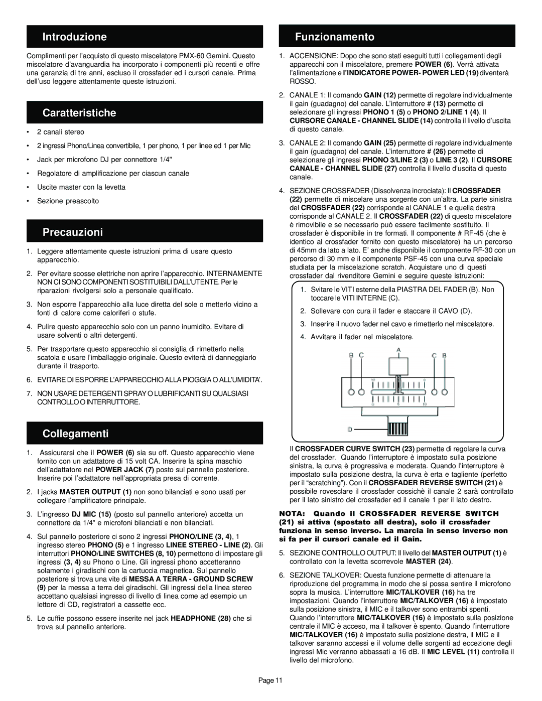 Gemini Mixer manual Introduzione, Caratteristiche, Precauzioni, Collegamenti, Funzionamento 