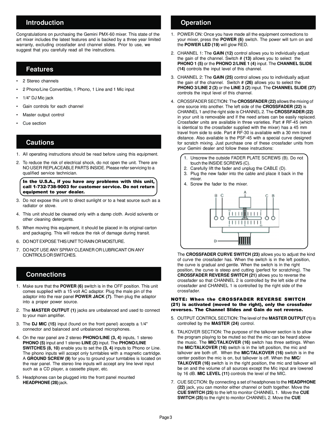 Gemini Mixer manual Introduction Operation, Features, Connections 