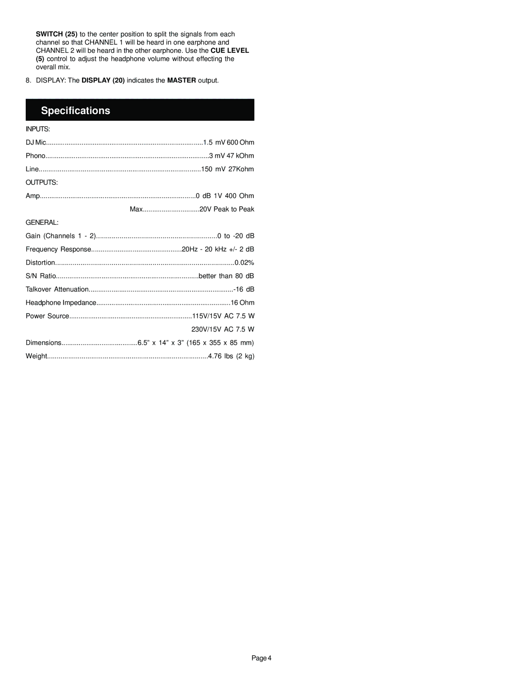 Gemini Mixer manual Specifications, Inputs, Outputs, General 