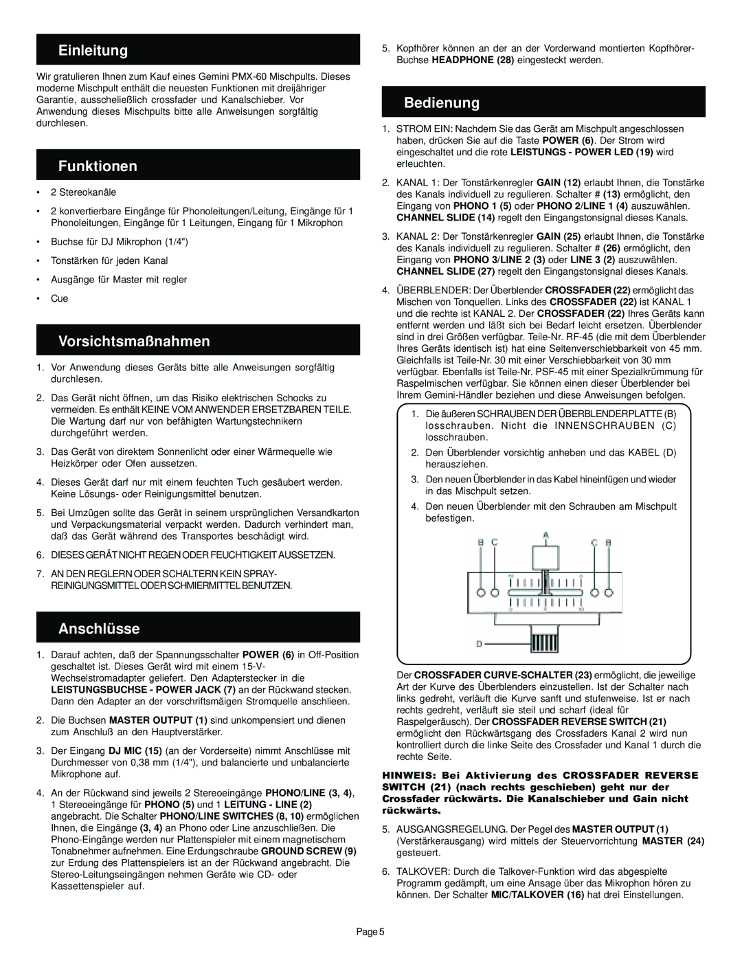 Gemini Mixer manual Einleitung, Funktionen, Vorsichtsmaßnahmen, Bedienung, Anschlüsse 