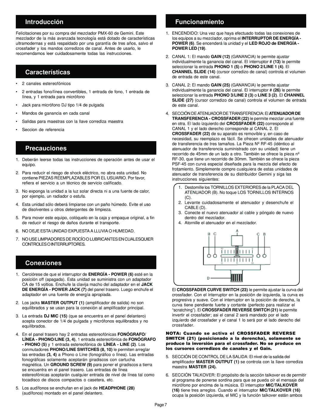 Gemini Mixer manual Introducción Funcionamiento, Características, Precauciones, Conexiones 