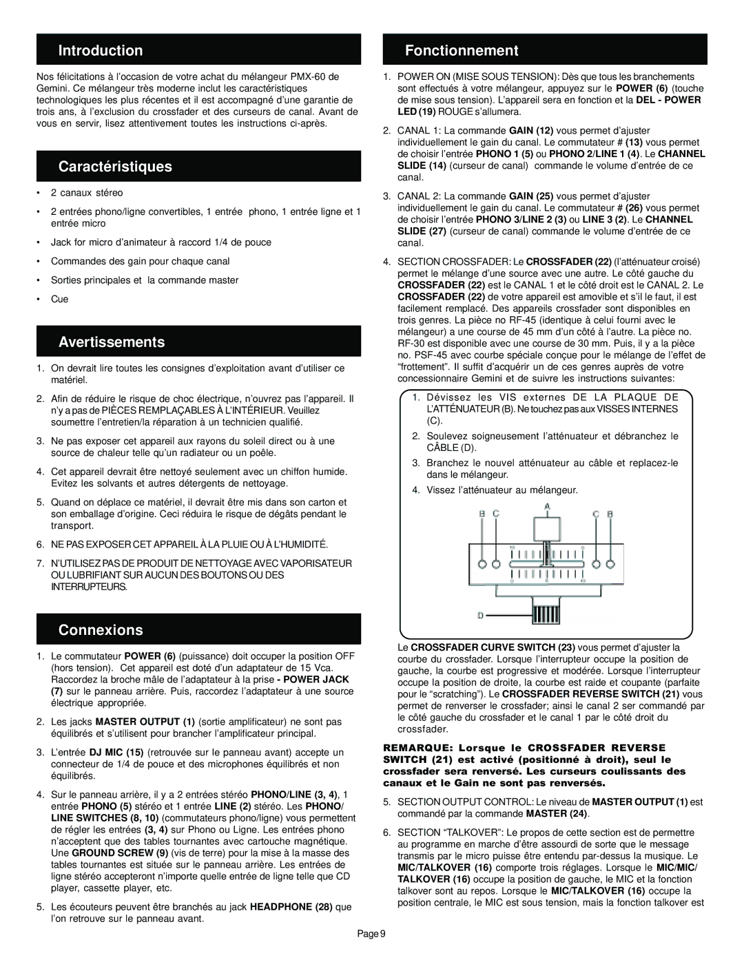 Gemini Mixer manual Introduction Fonctionnement, Caractéristiques, Avertissements, Connexions 