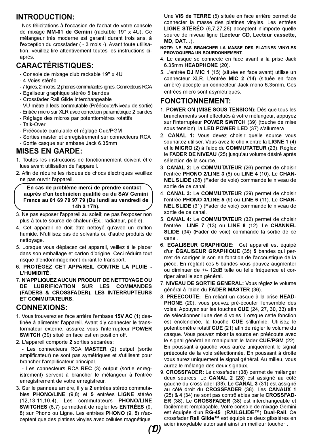 Gemini MM-01 4U 19 manual Caractéristiques, Mises EN Garde, Connexions, Fonctionnement 