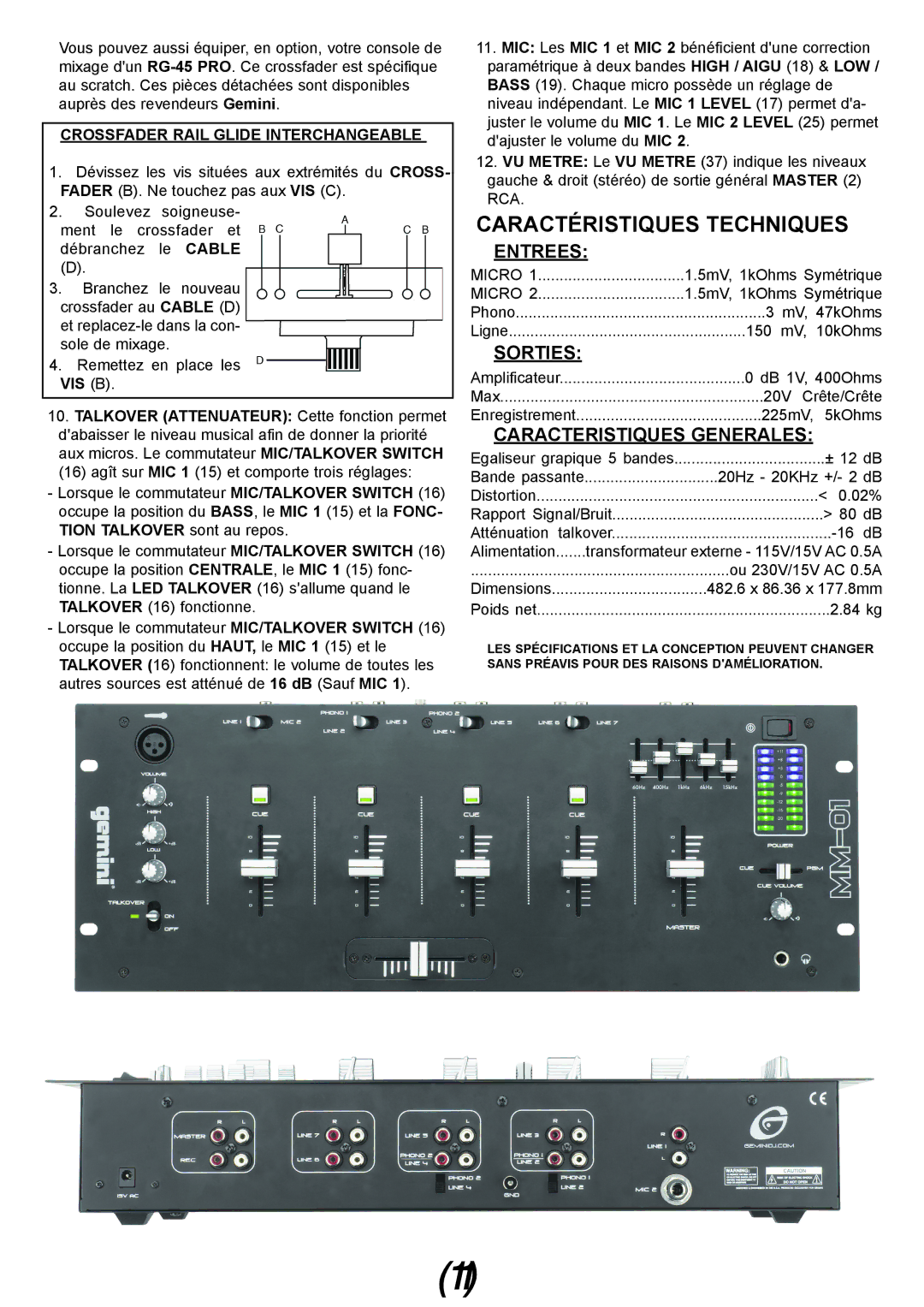 Gemini MM-01 4U 19 manual Caractéristiques Techniques, Entrees, Sorties, Caracteristiques Generales 