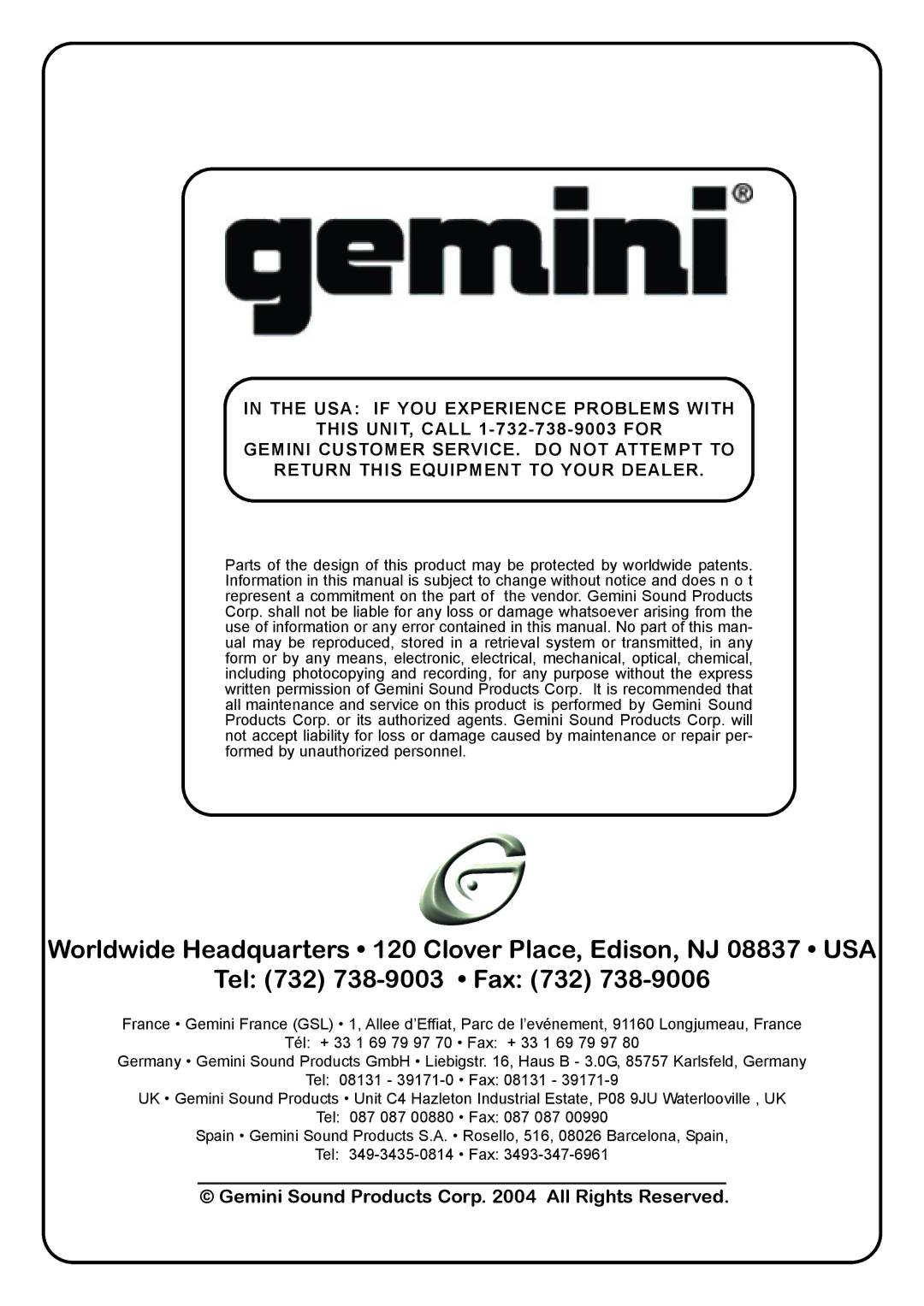 Gemini MM-01 4U 19 manual Gemini Sound Products Corp All Rights Reserved 