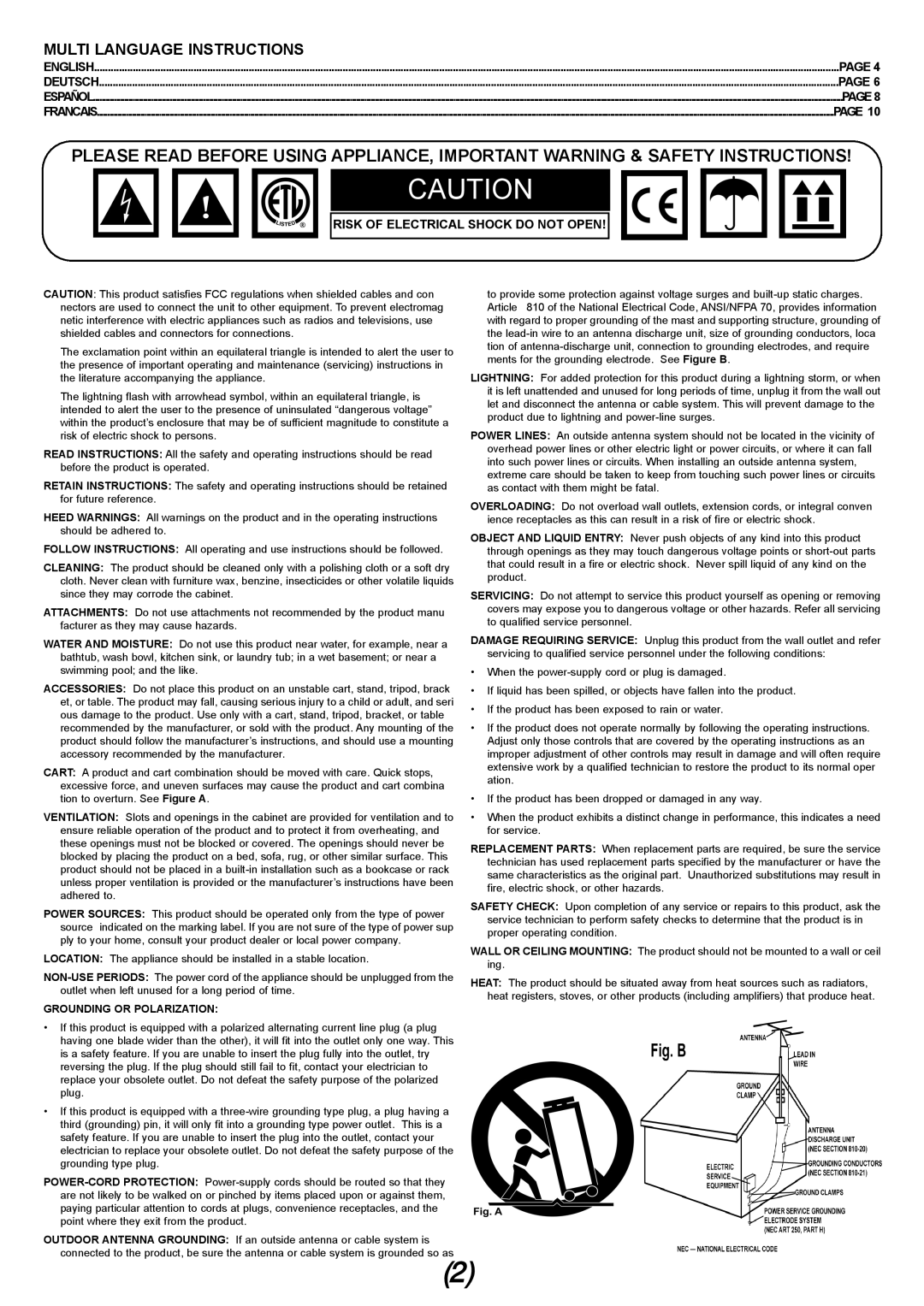 Gemini MM-01 4U 19 manual Multi Language Instructions, Risk of Electrical Shock do not Open 