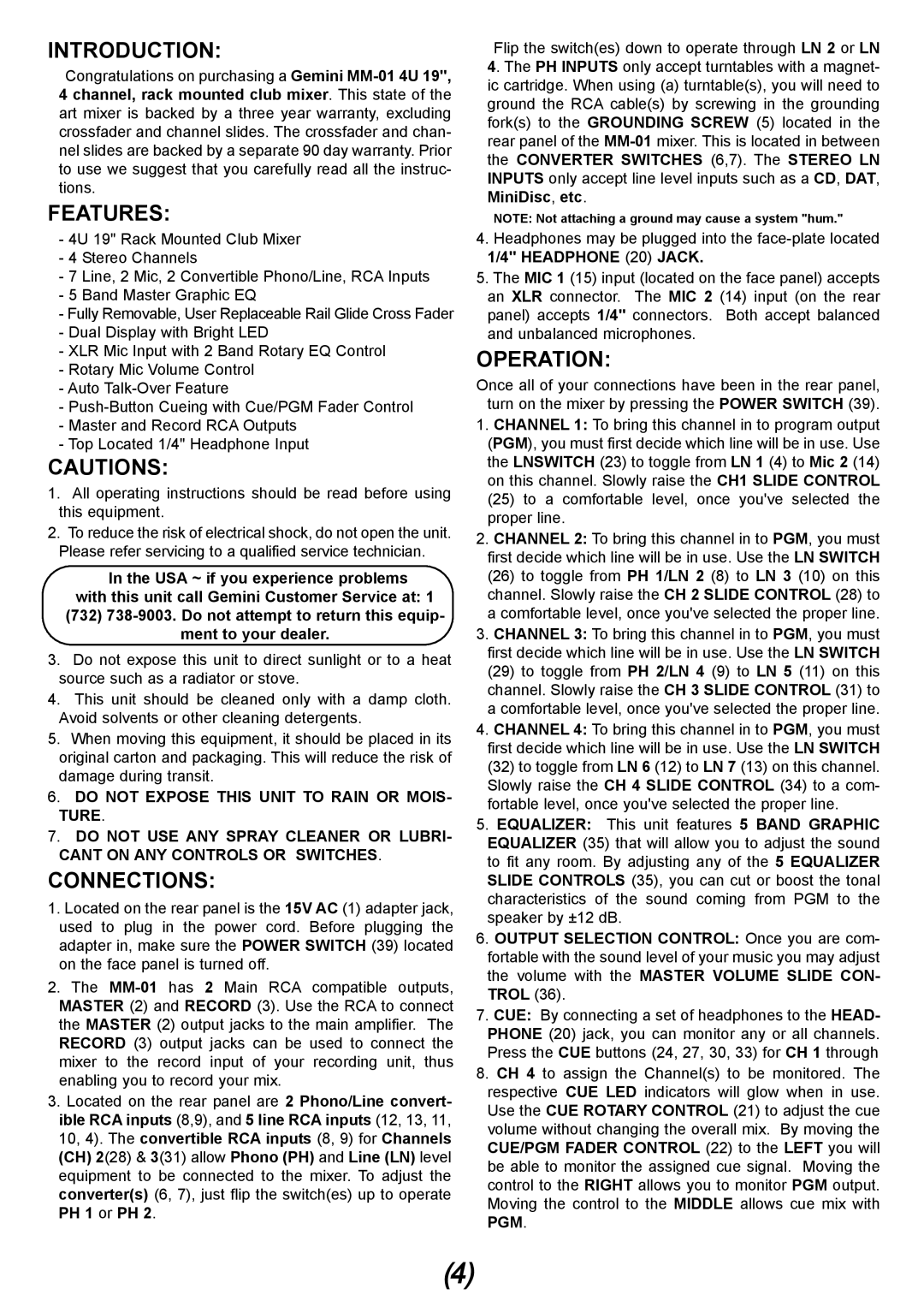 Gemini MM-01 4U 19 manual Introduction, Features, Connections, Operation 