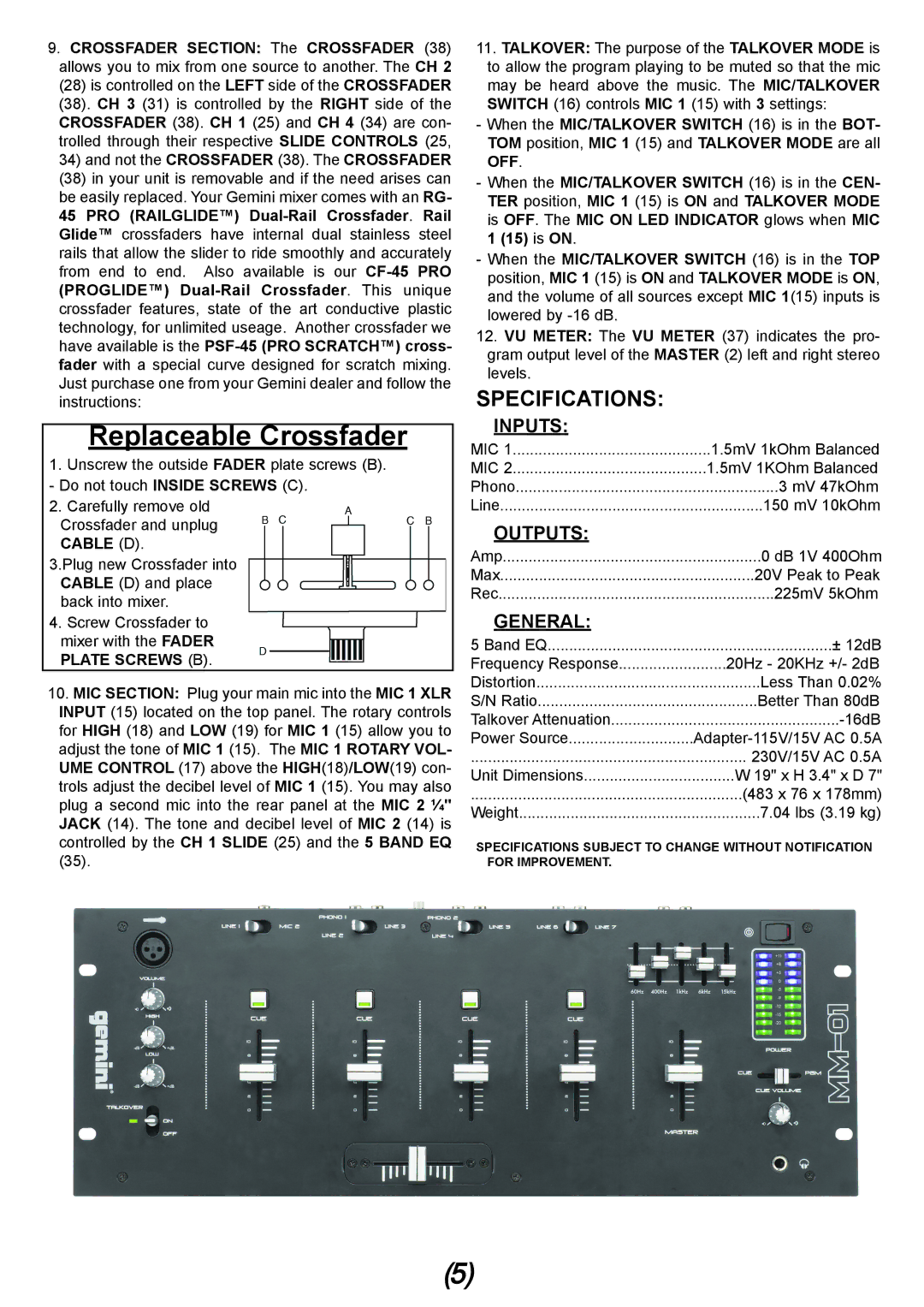 Gemini MM-01 4U 19 manual Specifications, Inputs, Outputs, General 