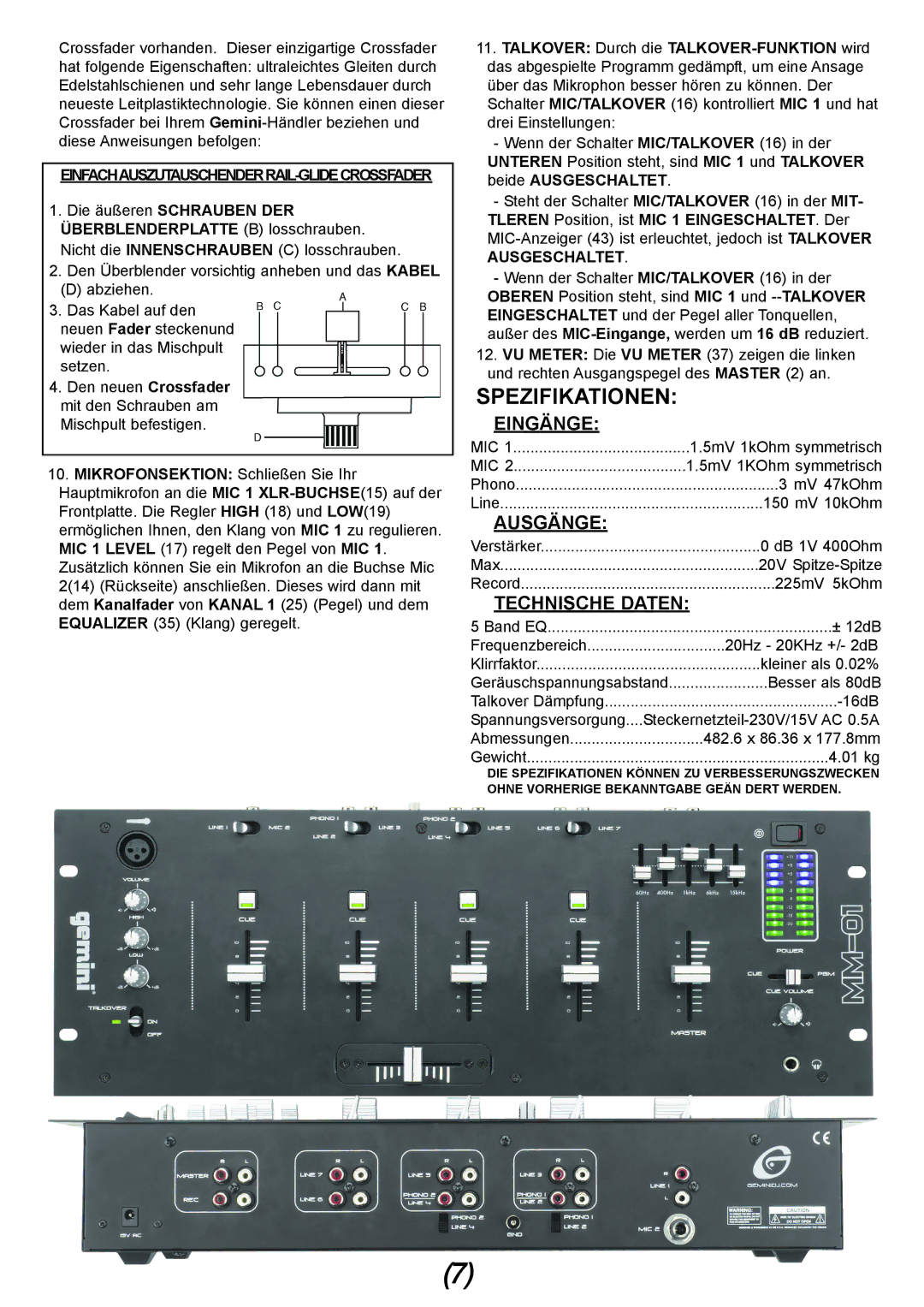 Gemini MM-01 4U 19 manual Spezifikationen, Eingänge, Ausgänge, Technische Daten 