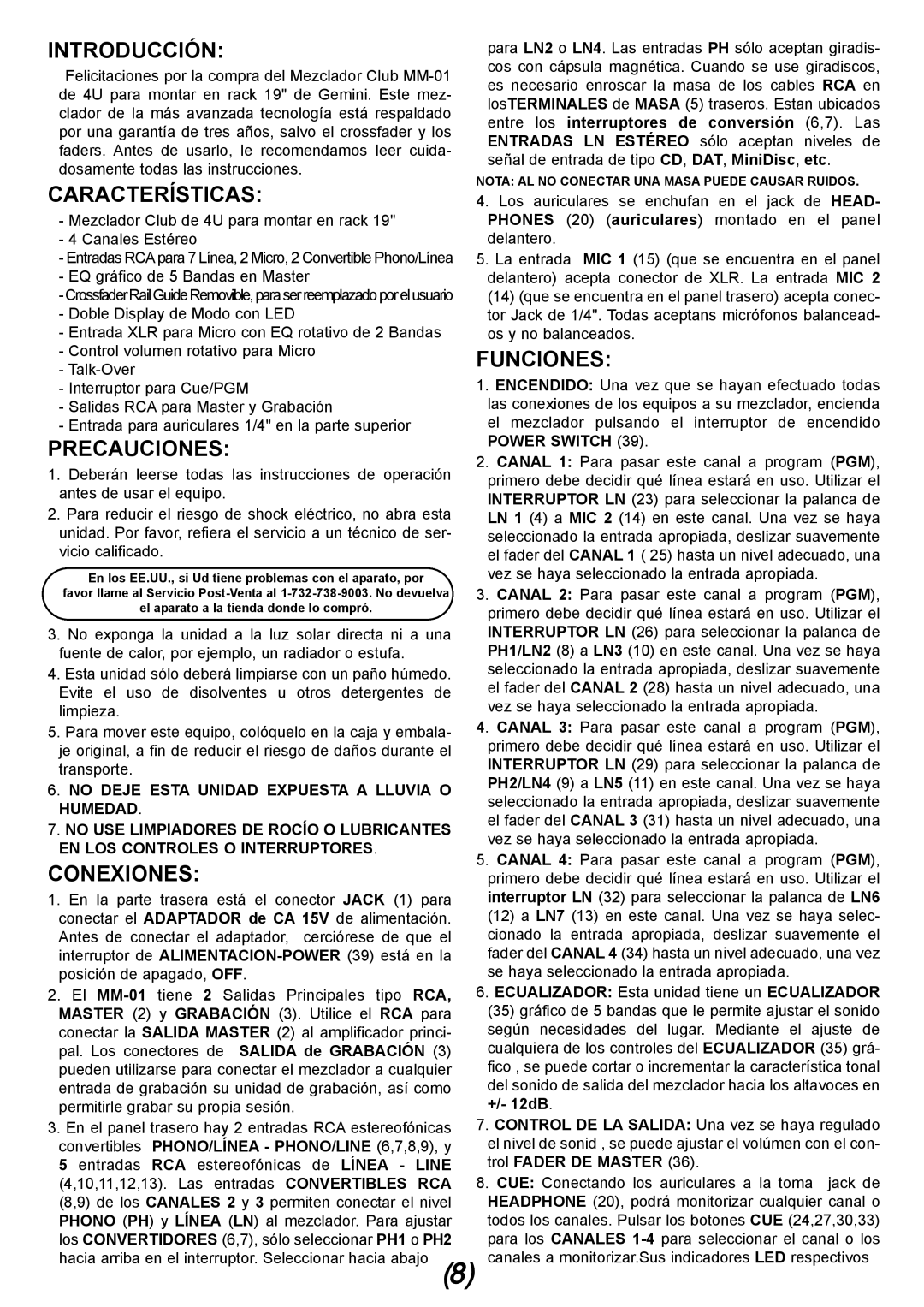 Gemini MM-01 4U 19 manual Introducción, Características, Precauciones, Conexiones, Funciones 