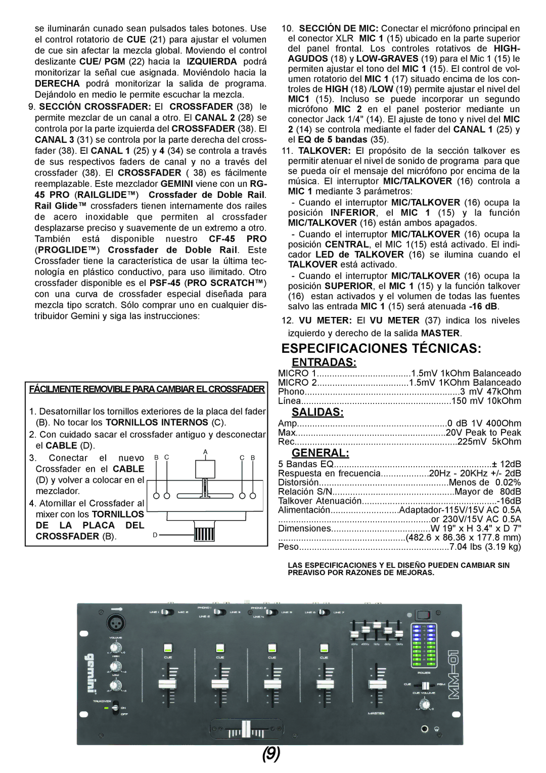 Gemini MM-01 4U 19 manual Especificaciones Técnicas, Entradas, Salidas, DE LA Placa DEL Crossfader B 