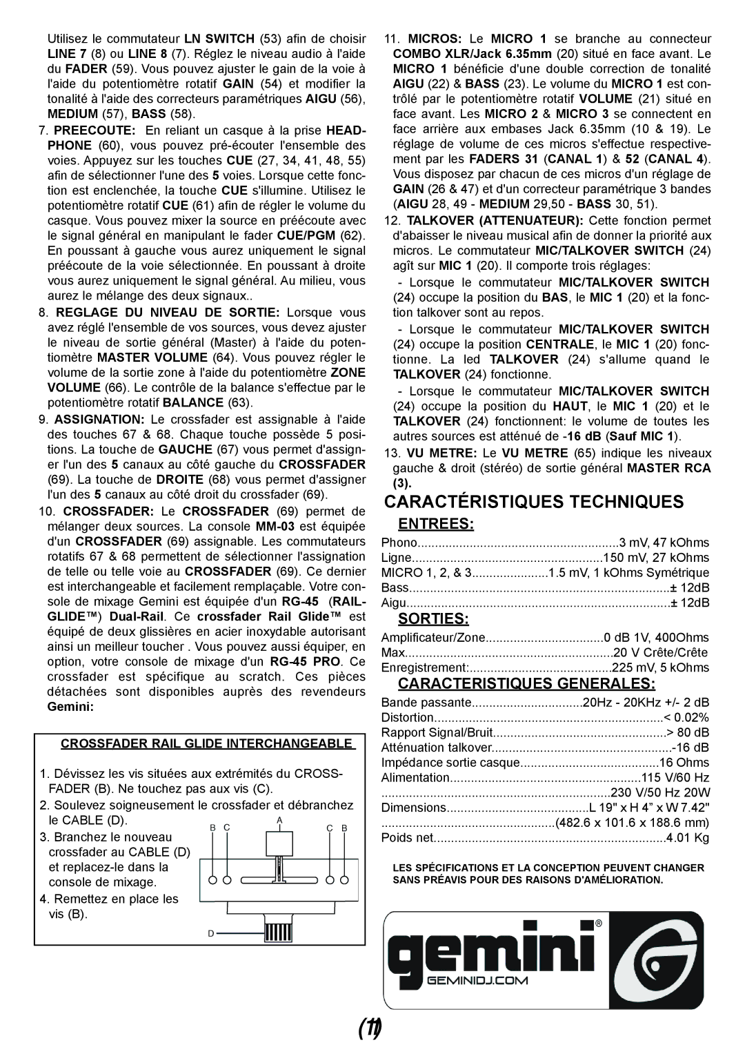 Gemini MM-03 manual Caractéristiques Techniques, Entrees, Sorties, Caracteristiques Generales 