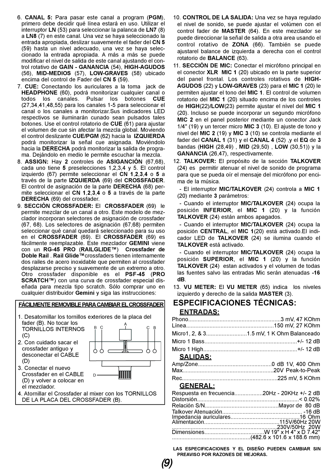 Gemini MM-03 manual Especificaciones Técnicas, Entradas, Salidas, General 