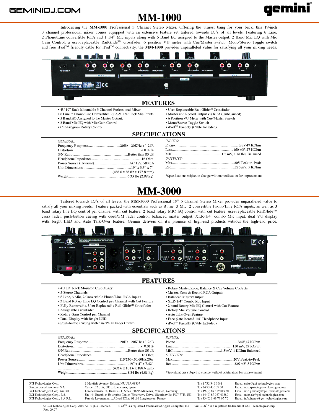 Gemini MM-1000 manual Features, Specifications 