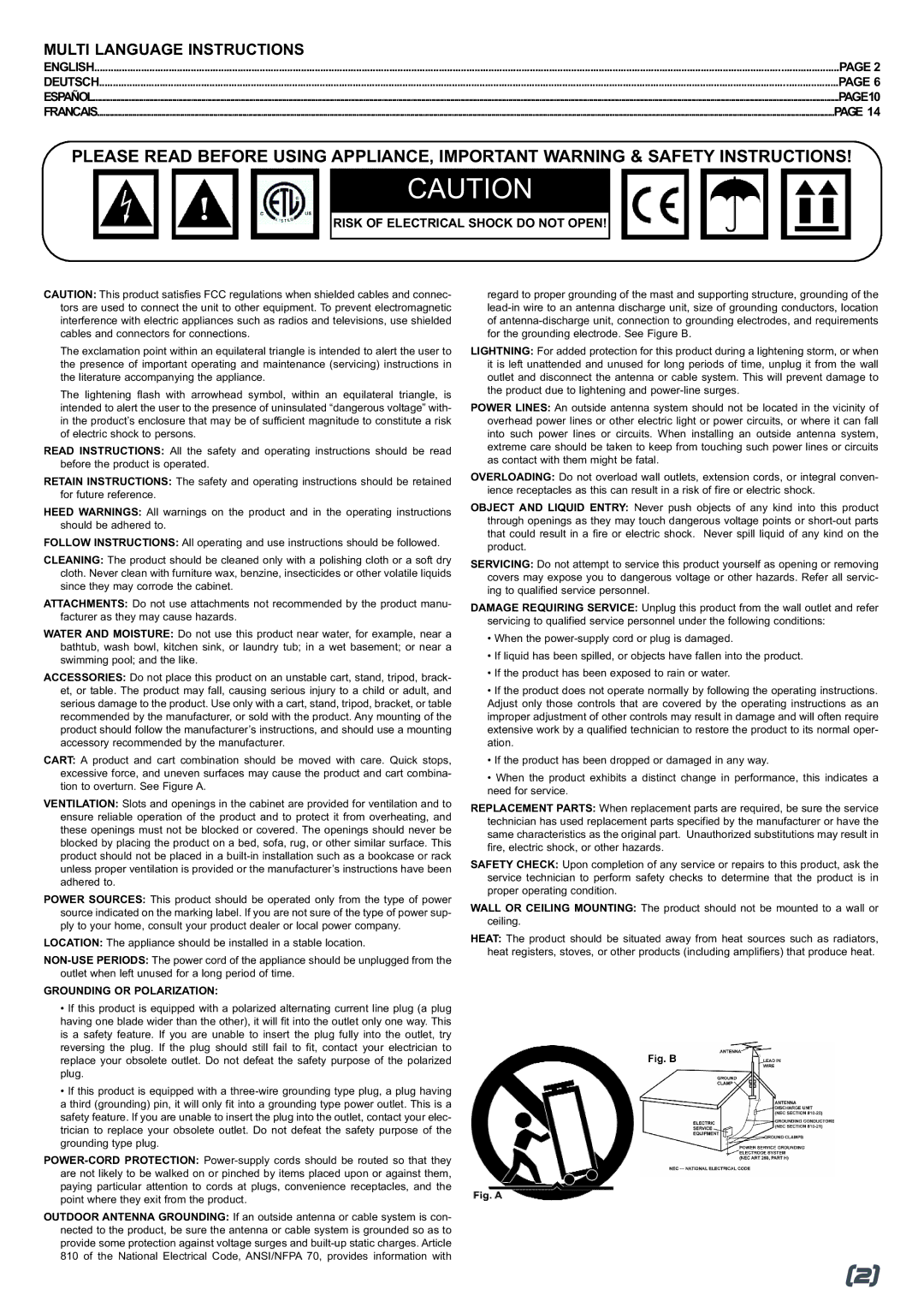 Gemini MM-1000 manual Risk of Electrical Shock do not Open, Grounding or Polarization 