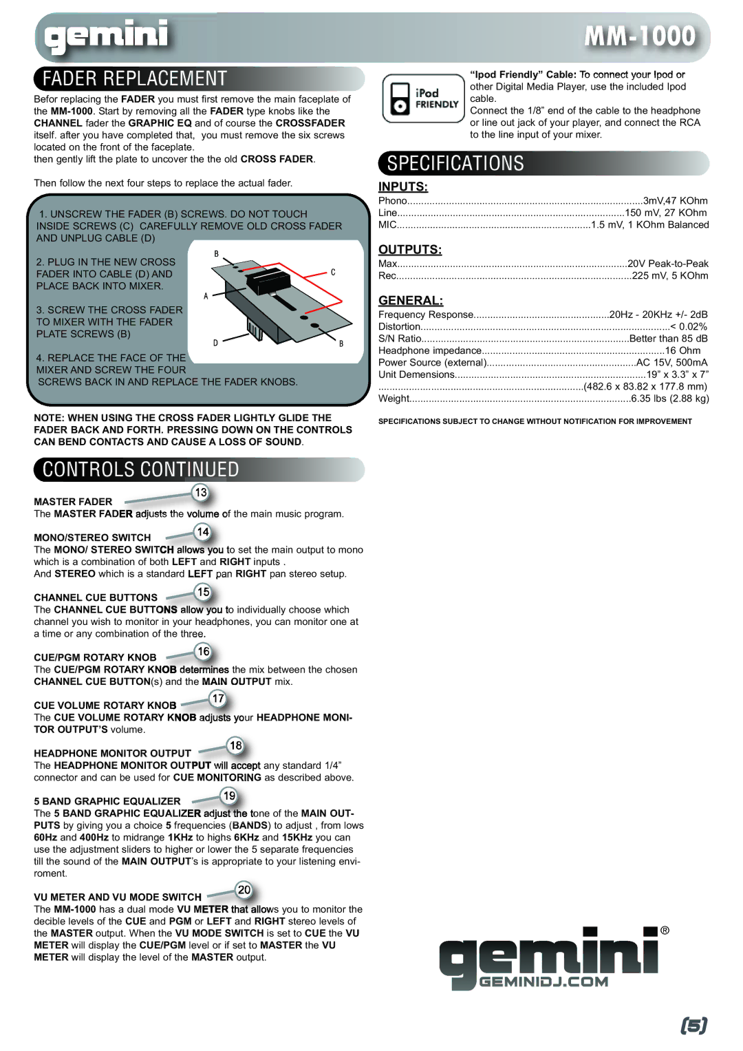 Gemini MM-1000 manual Fader Replacement, Specifications 