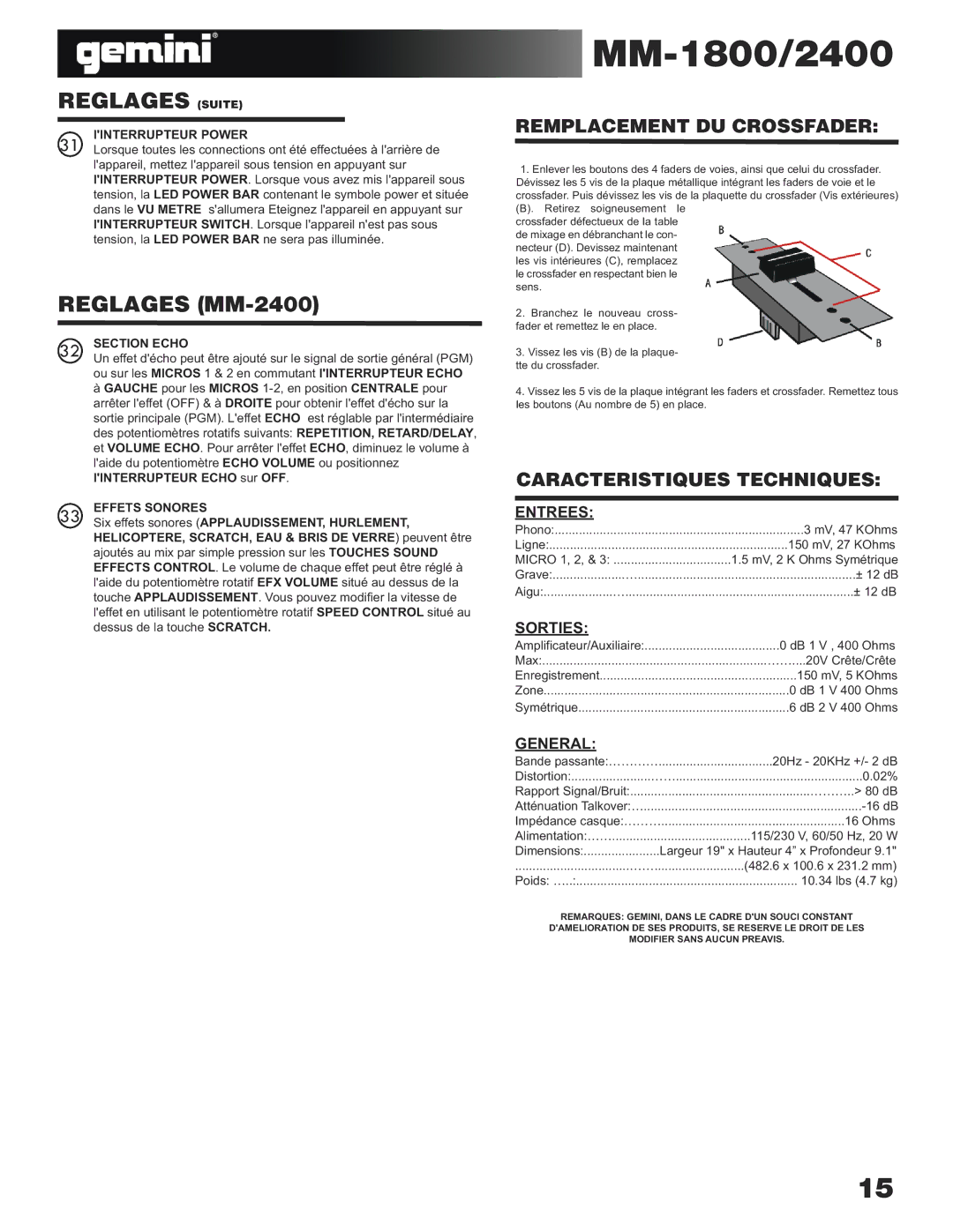 Gemini MM-1800 manual Reglages Suite, Reglages MM-2400, Entrees, Sorties 