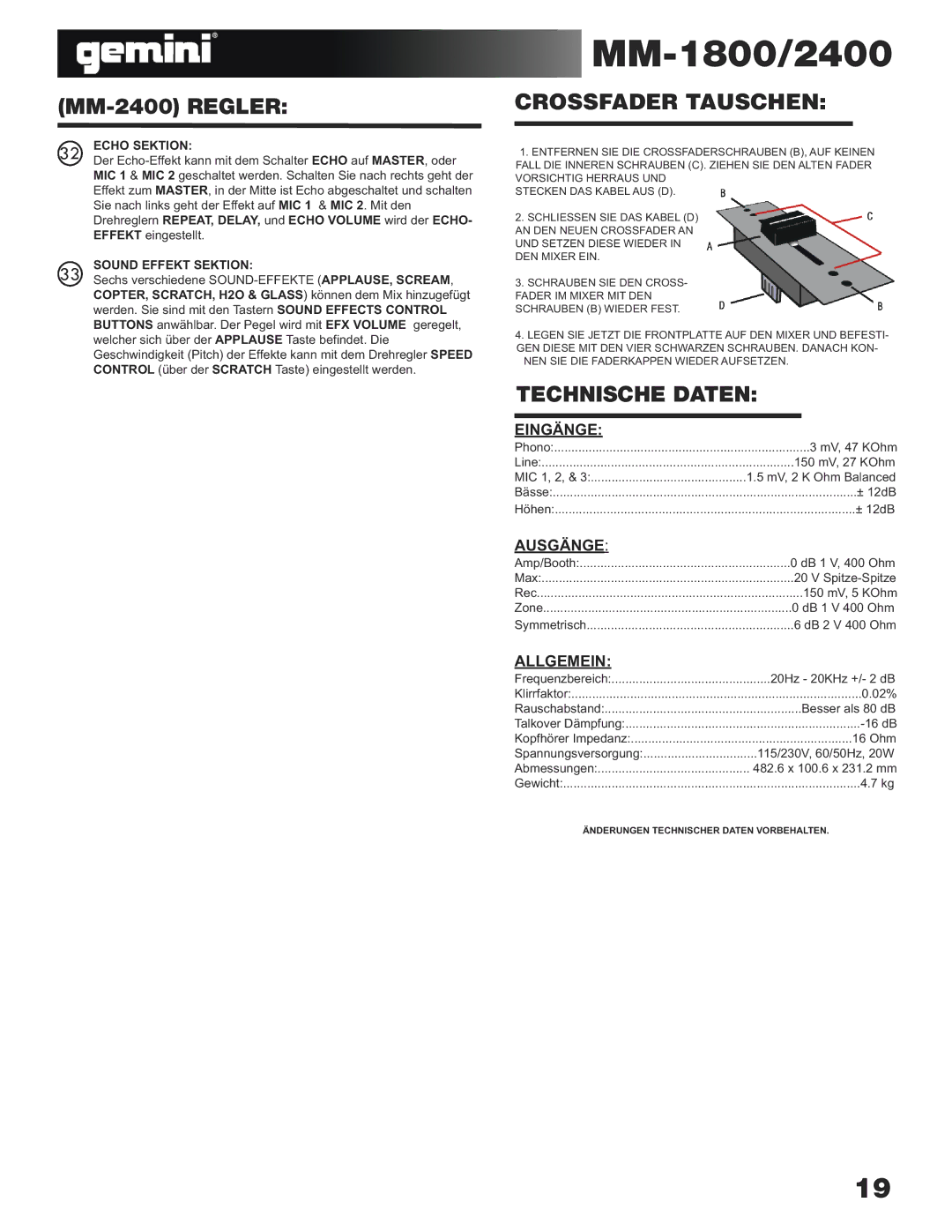 Gemini 2400, MM-1800 manual Crossfader Tauschen, Technische Daten, Eingänge, Ausgänge, Allgemein 