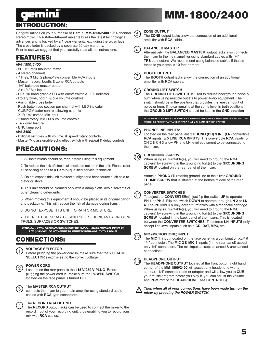 Gemini 2400, MM-1800 manual Introduction, Features, Precautions, Connections 