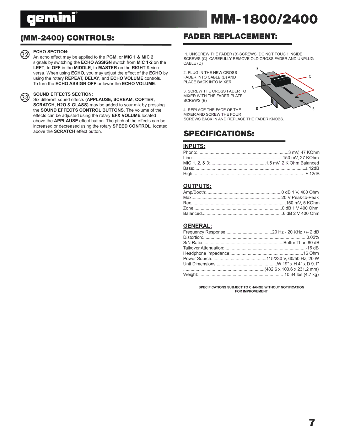 Gemini MM-1800 manual MM-2400 Controls, Fader Replacement, Specifications 