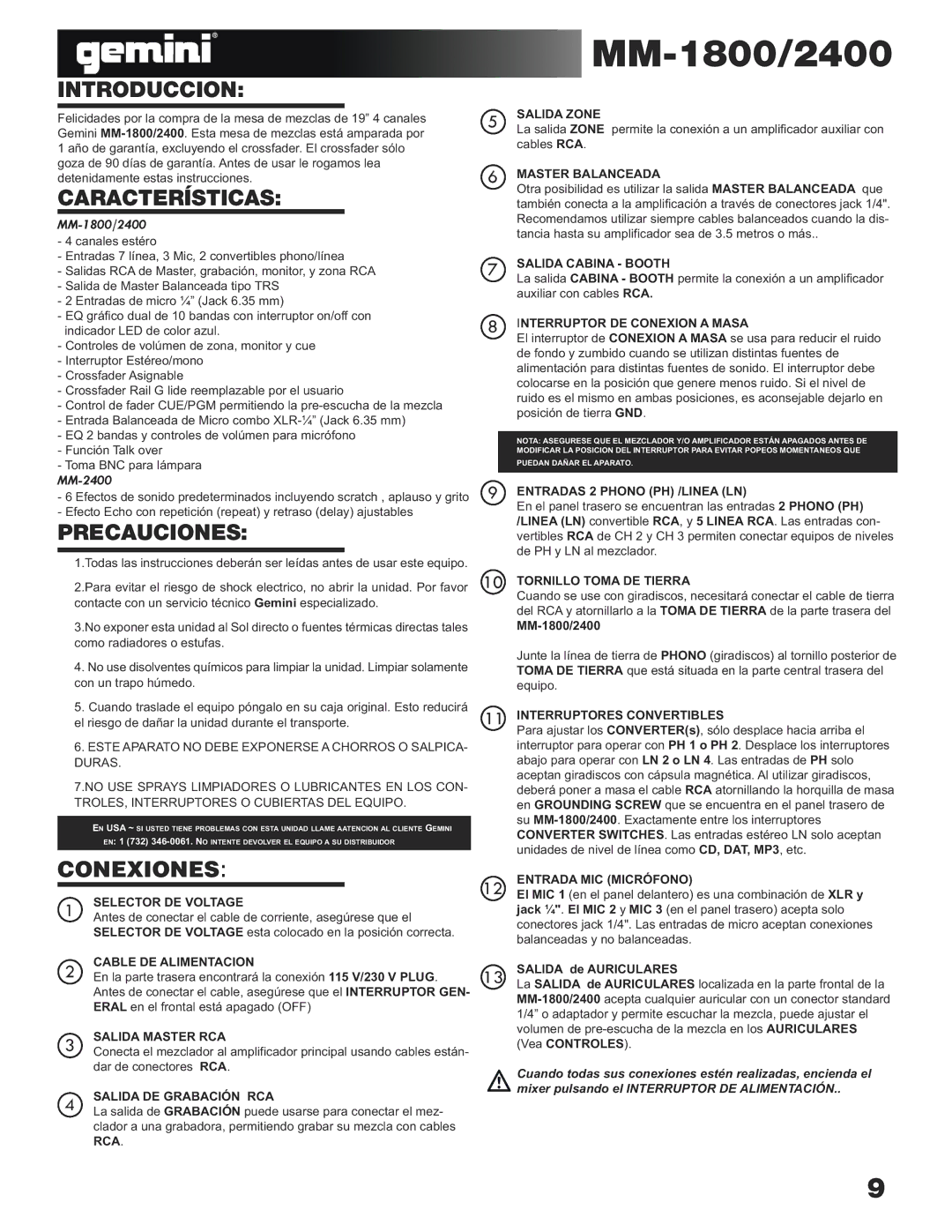 Gemini 2400, MM-1800 manual Introduccion, Características, Precauciones, Conexiones 