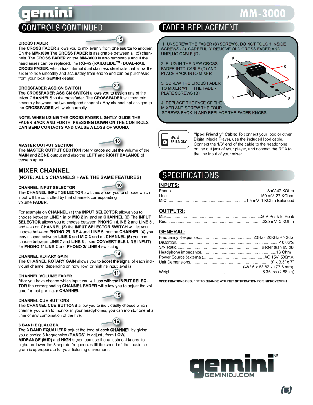 Gemini MM-3000 manual Fader Replacement, Specifications 