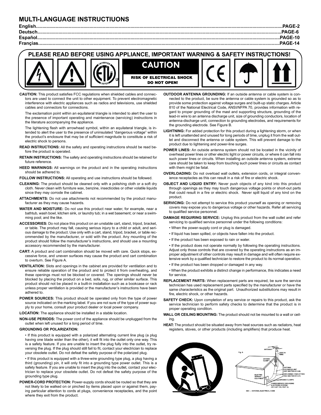 Gemini MM-3000 PAGE-2, English, PAGE-6, PAGE-10, PAGE-14, Risk Of Electrical Shock, Do Not Open, Grounding Or Polarization 