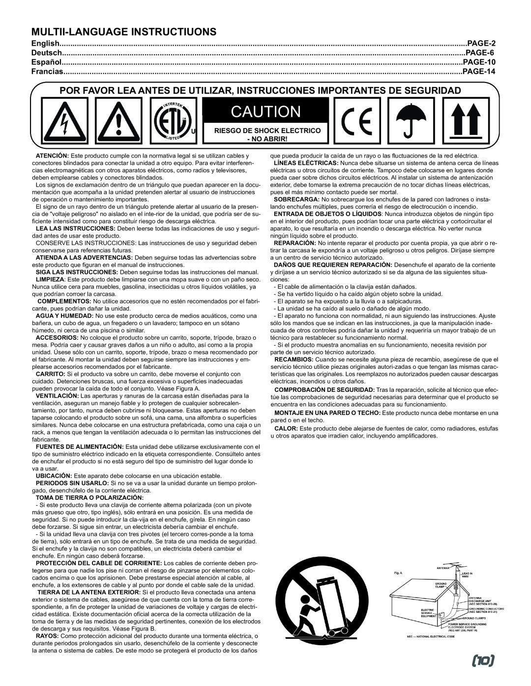 Gemini MM-3000 manual PAGE-2, English, Deutsch, PAGE-6, Español, PAGE-10, Francias, PAGE-14, Toma De Tierra O Polarización 