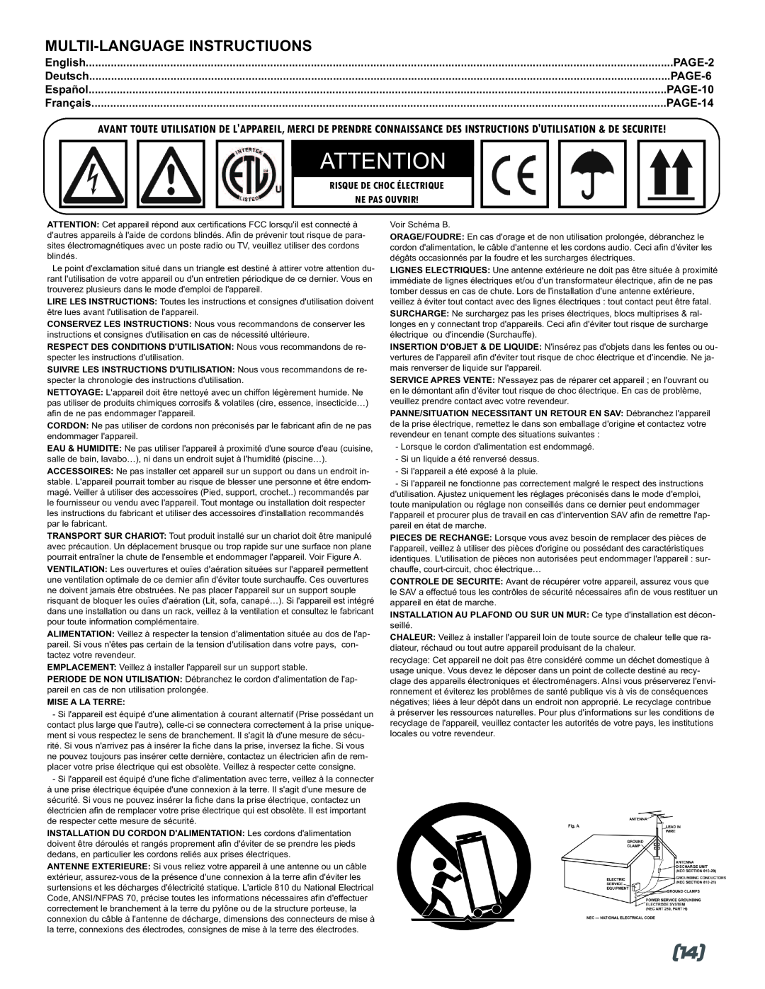 Gemini MM-3000 manual PAGE-2, English, Deutsch, PAGE-6, Español, PAGE-10, Français, PAGE-14, Risque De Choc Électrique 