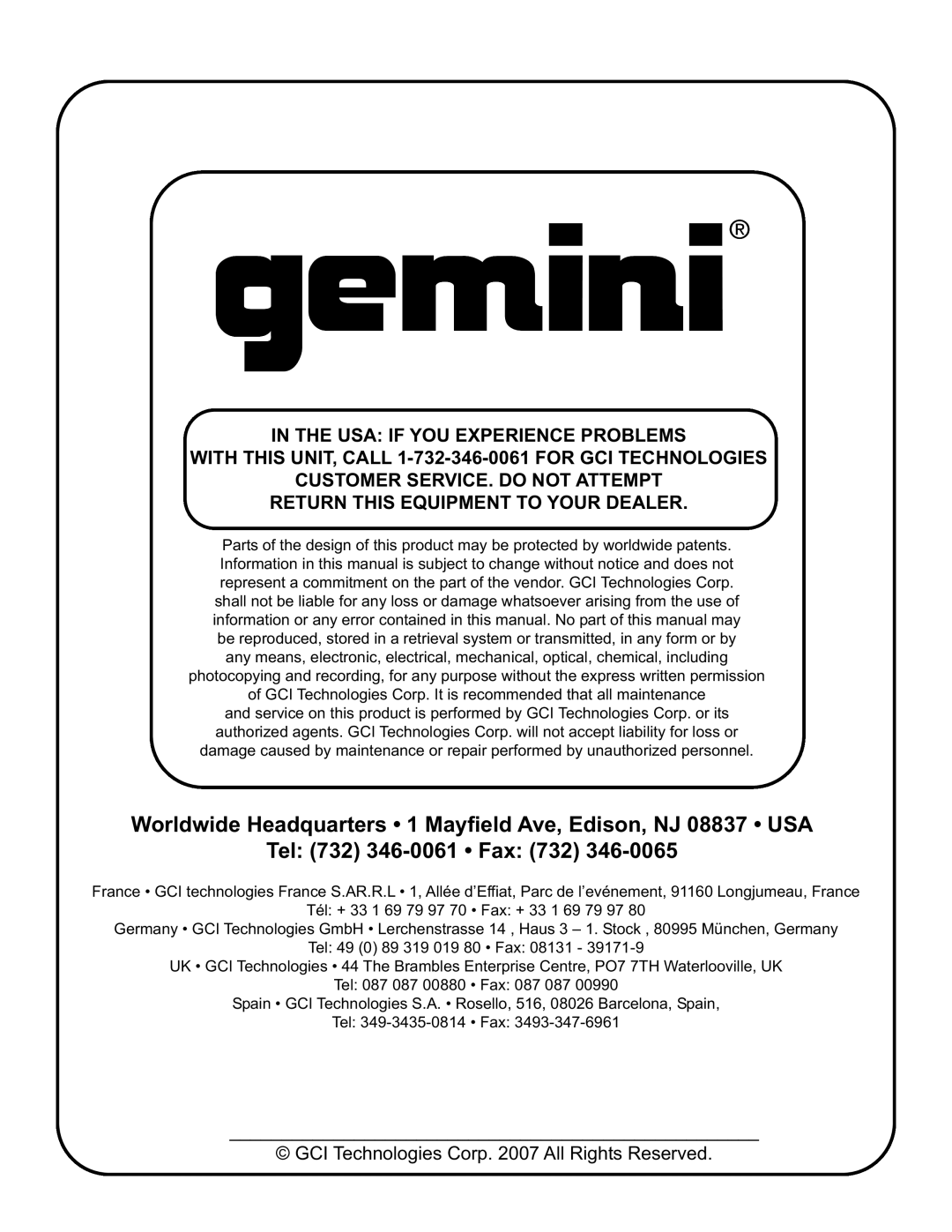 Gemini MM-3000 manual In The Usa If You Experience Problems, WITH THIS UNIT, CALL 1-732-346-0061 FOR GCI TECHNOLOGIES 
