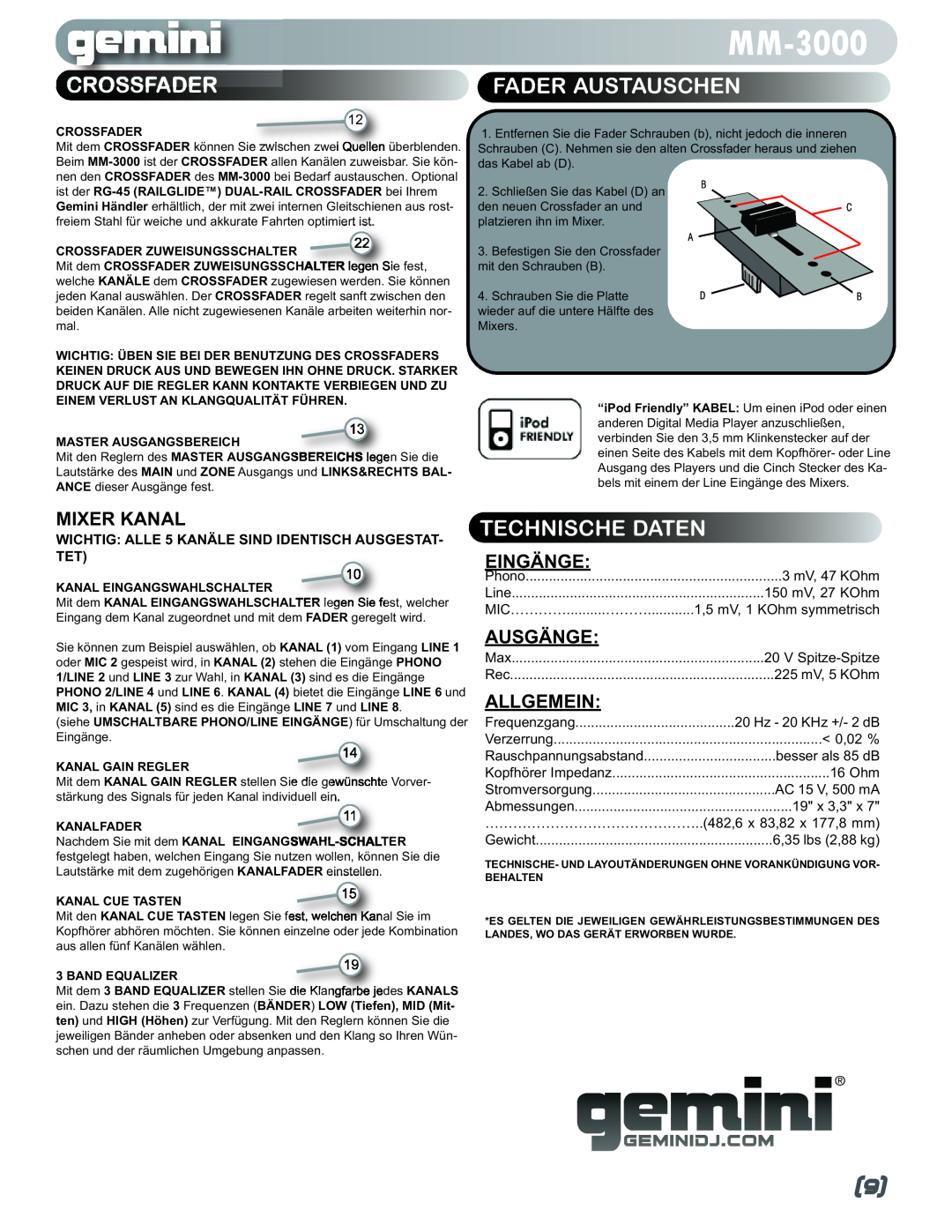 Gemini MM-3000 manual Crossfader, Fader Austauschen, Technische Daten, Mixer Kanal 