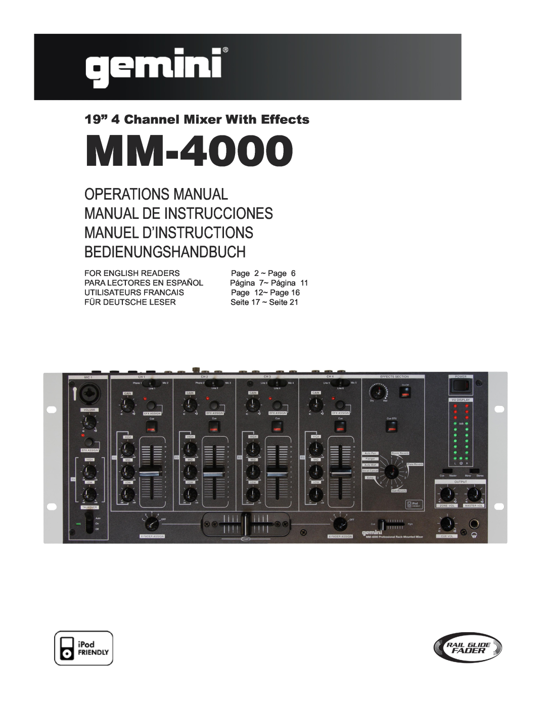 Gemini MM-4000 manual 19” 4 Channel Mixer With Effects 