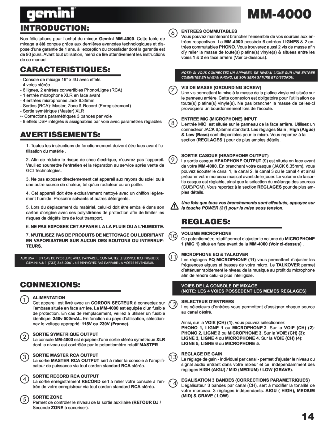 Gemini MM-4000 manual Caracteristiques, Avertissements, Reglages, Connexions, Introduction, Voies De La Console De Mixage 