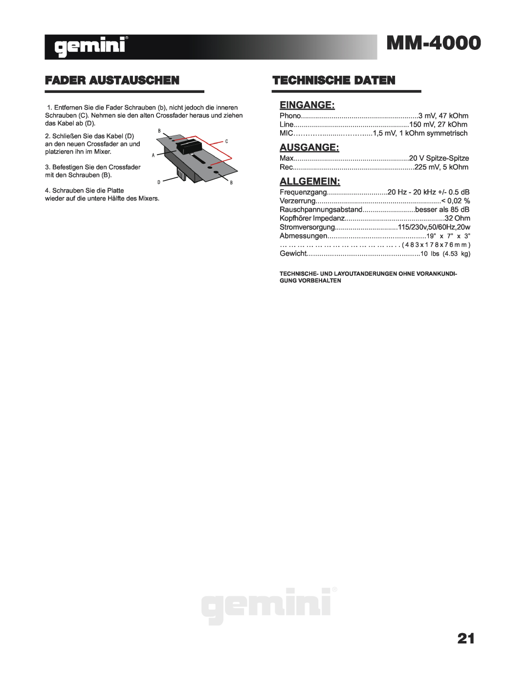 Gemini MM-4000 manual Fader Austauschen, Technische Daten, Eingange, Ausgange, Allgemein 