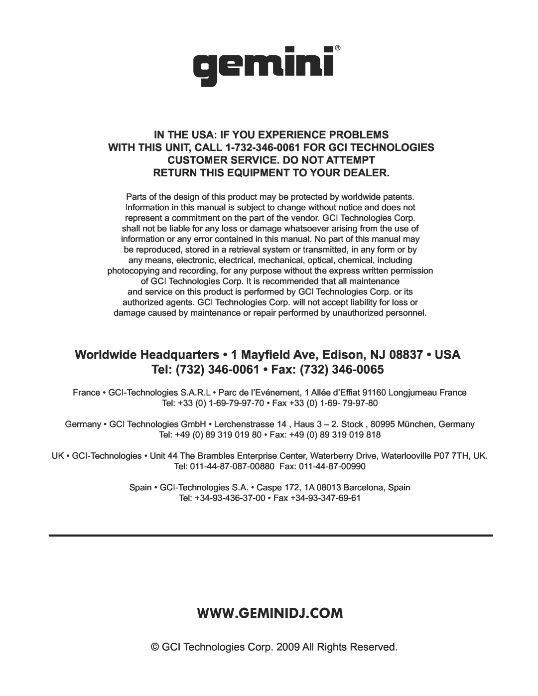 Gemini MM-4000 manual Worldwide Headquarters 1 Mayfield Ave, Edison, NJ 08837 USA, Tel 732 346-0061 Fax 