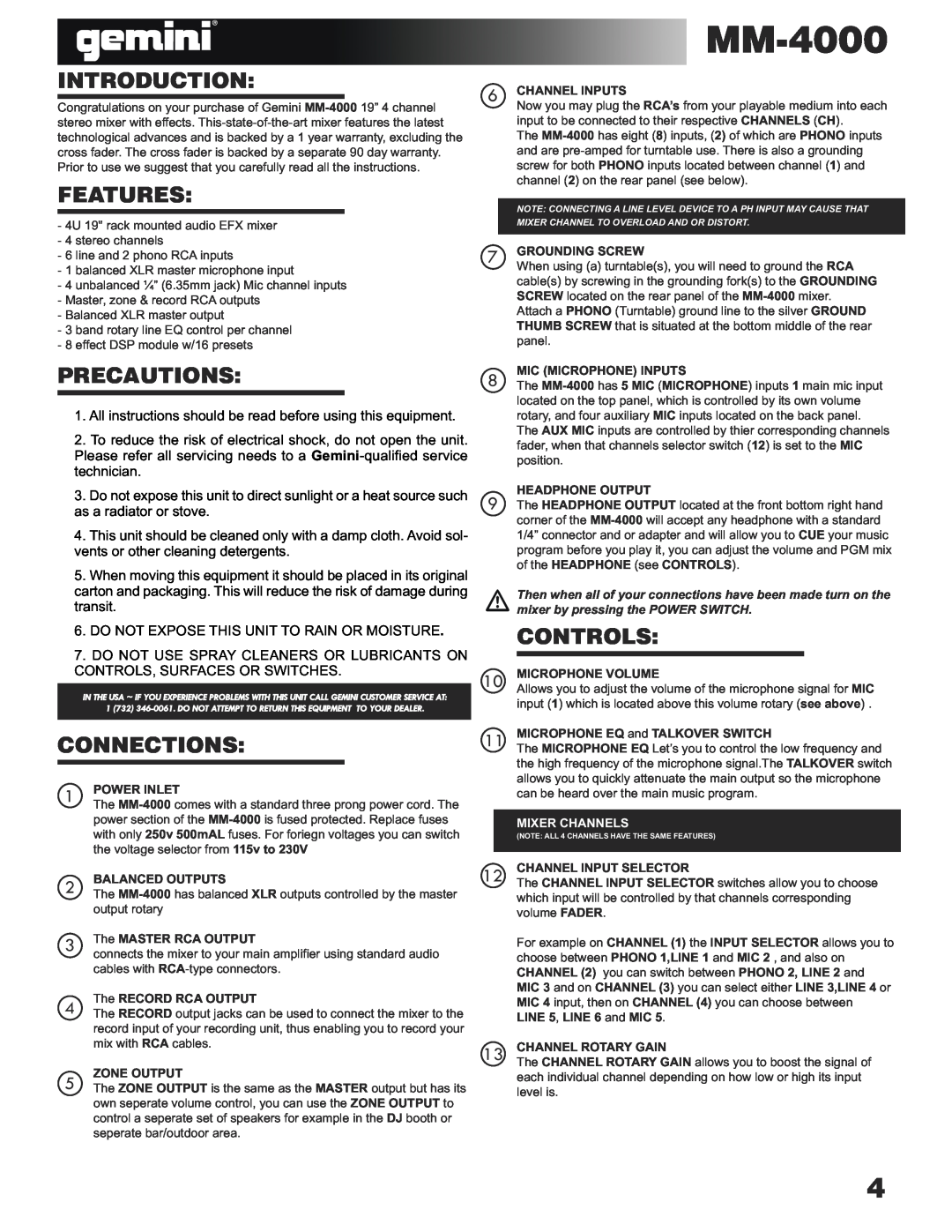 Gemini MM-4000 manual Introduction, Features, Precautions, Connections, Controls 