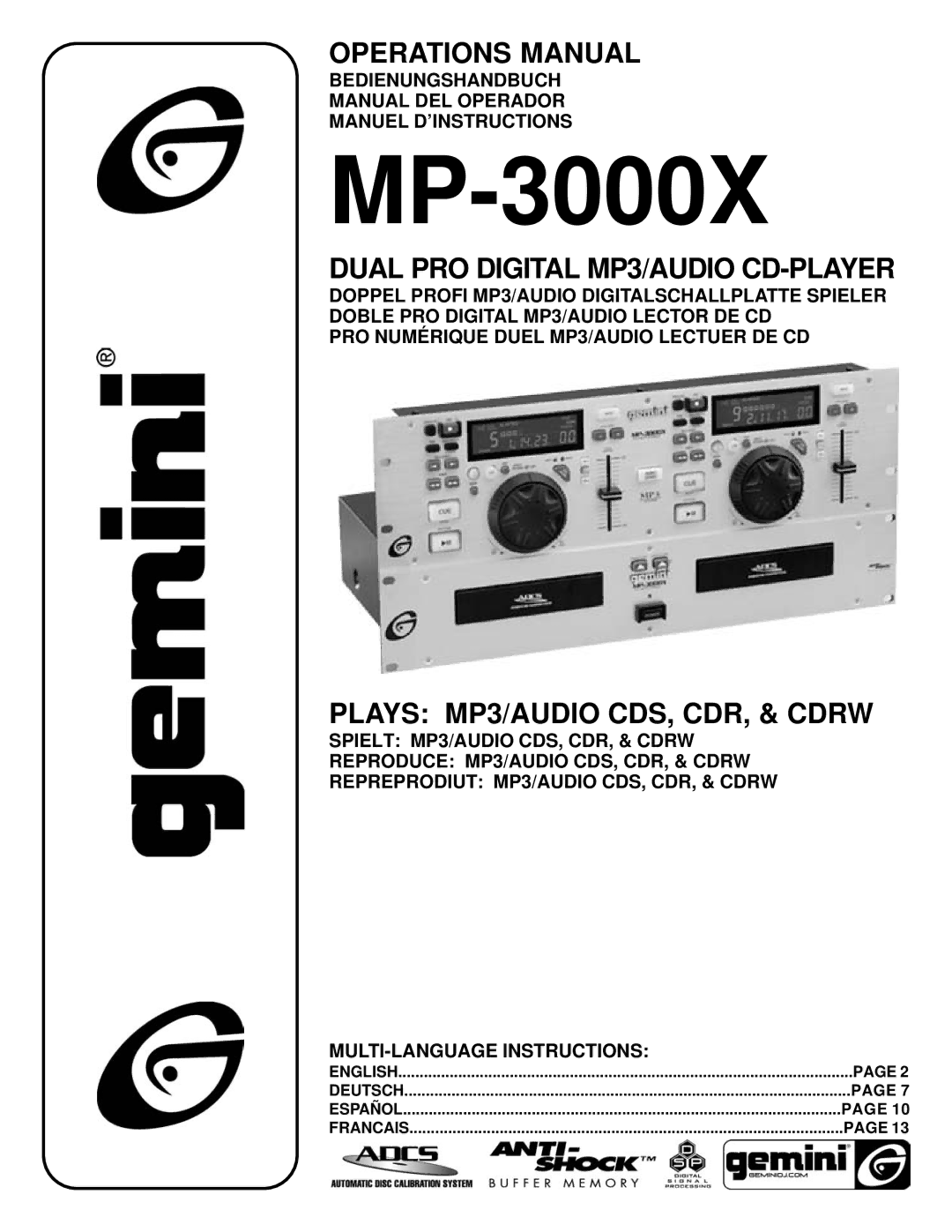 Gemini MP-3000X manual 