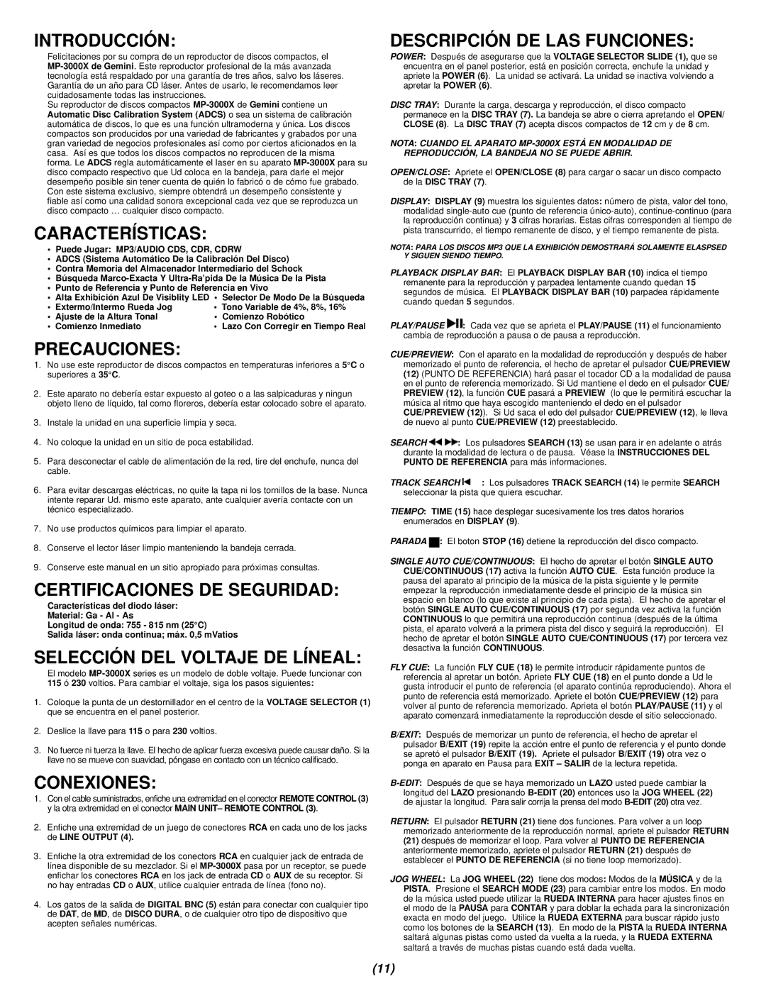 Gemini MP-3000X Introducción, Características, Precauciones, Certificaciones DE Seguridad, Selección DEL Voltaje DE Líneal 