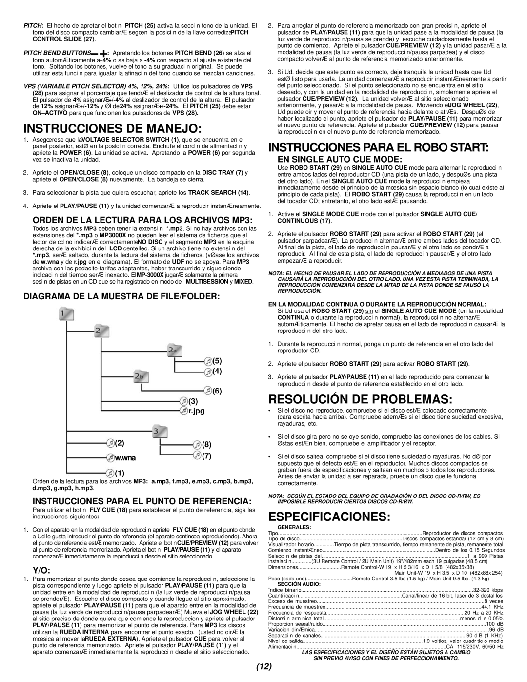 Gemini MP-3000X manual Instrucciones DE Manejo, Instrucciones Para EL Robo Start, Resolución DE Problemas, Especificaciones 