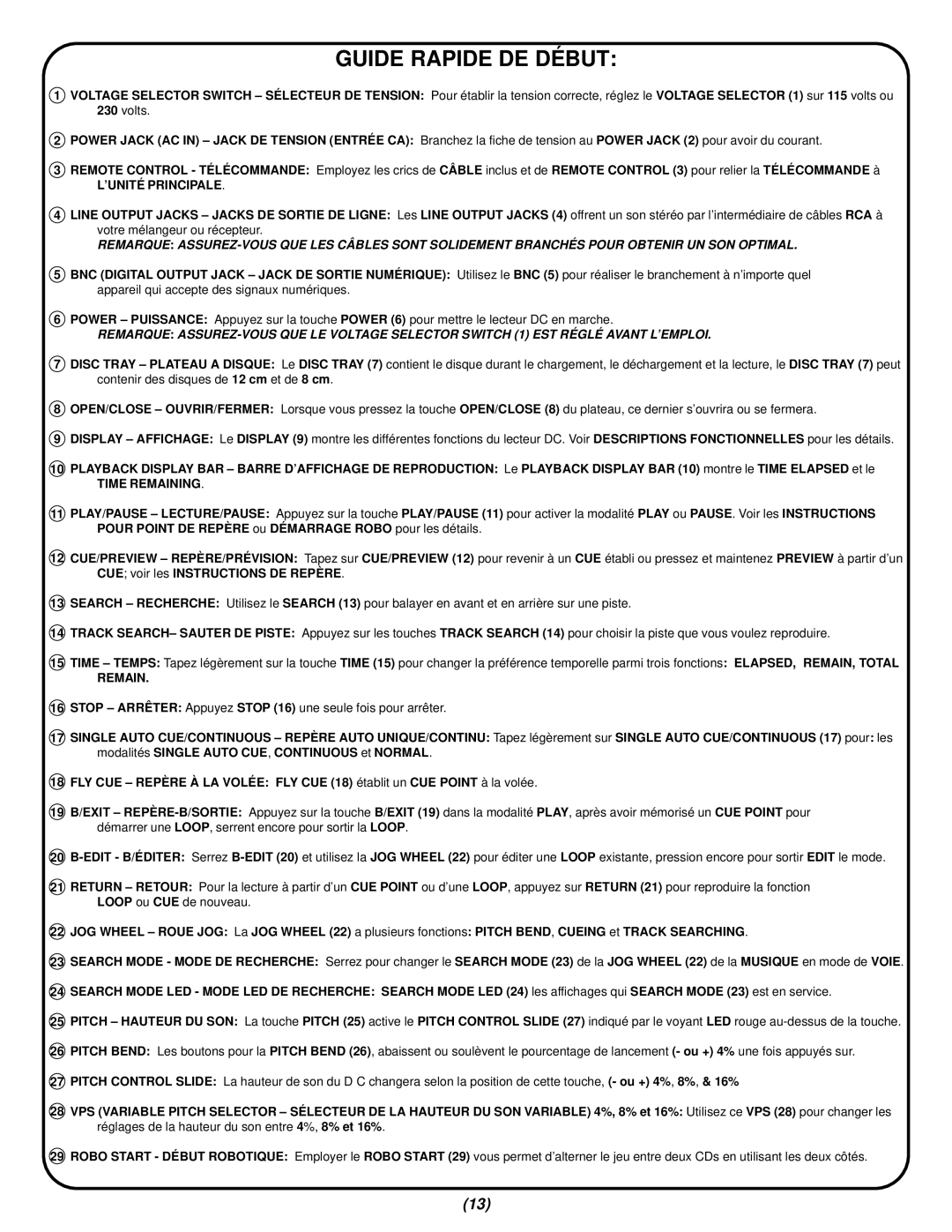 Gemini MP-3000X manual Guide Rapide DE Début, ’UNITÉ Principale 