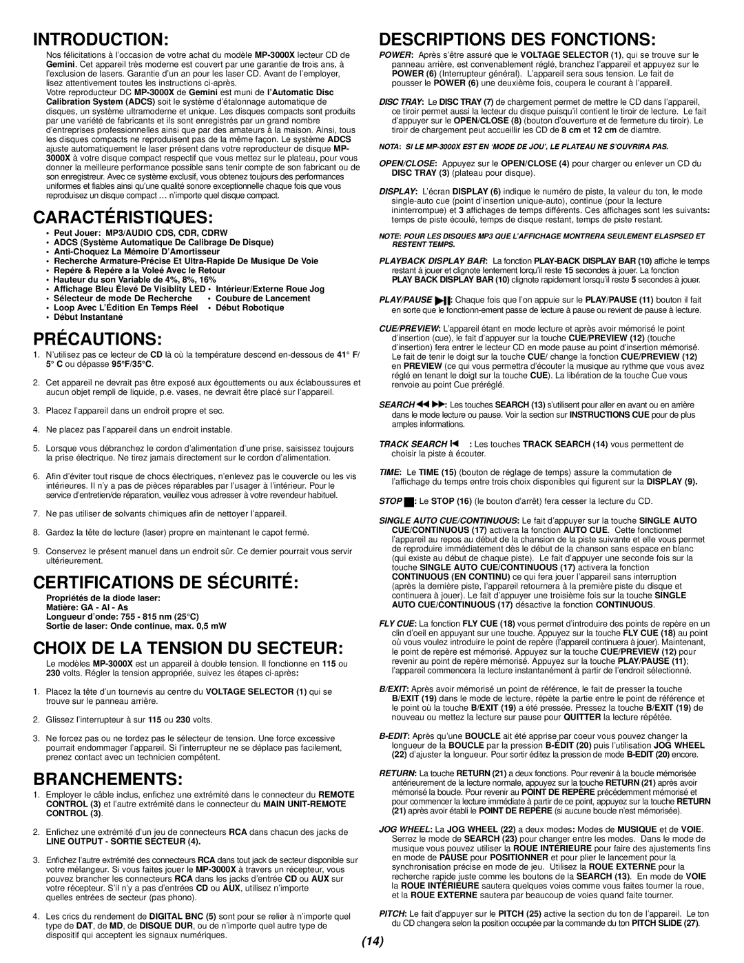 Gemini MP-3000X Caractéristiques, Précautions, Certifications DE Sécurité, Choix DE LA Tension DU Secteur, Branchements 