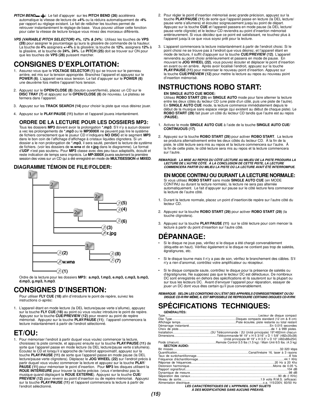 Gemini MP-3000X manual Consignes D’EXPLOITATION, Consignes D’INSERTION, Et/Ou, Instructions Robo Start, Dépannage 