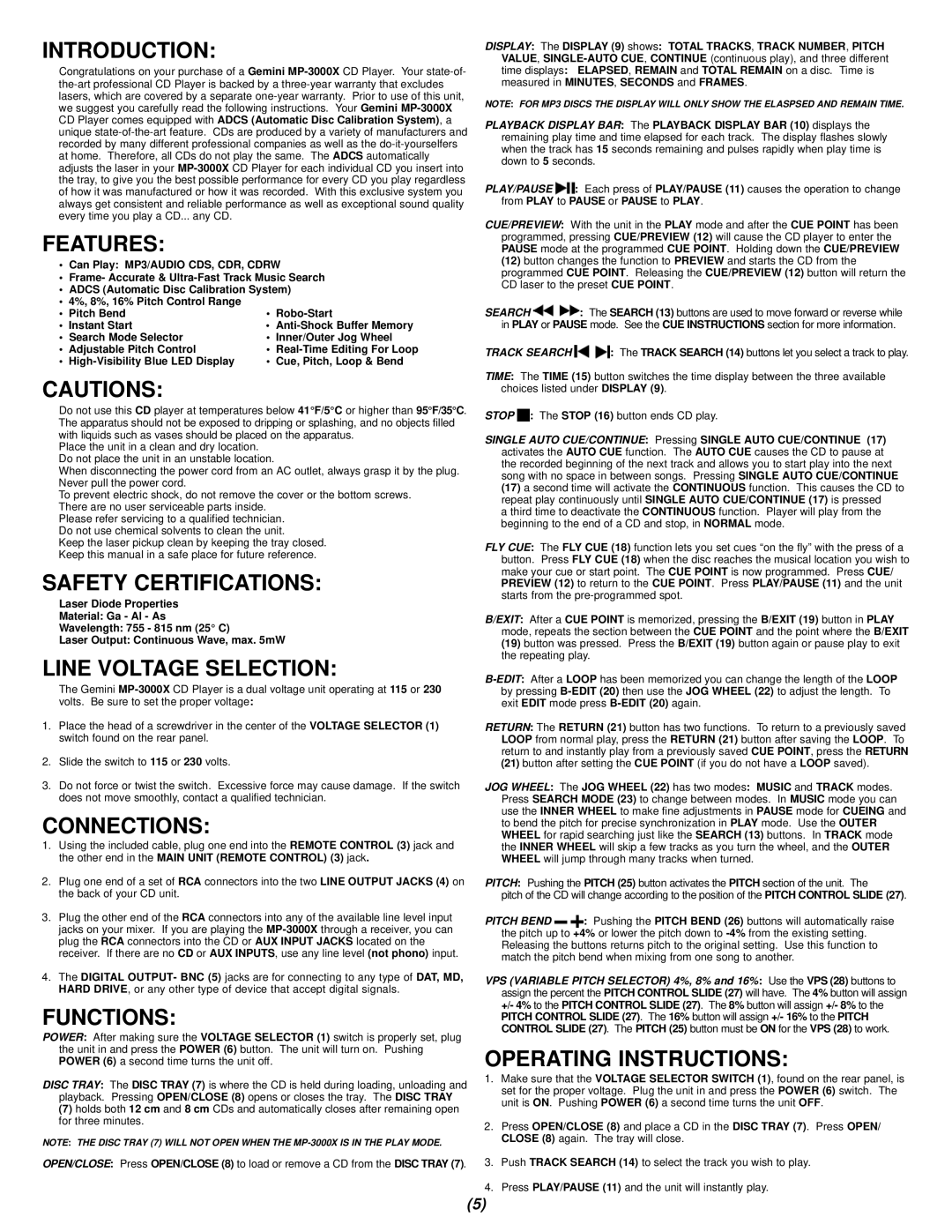 Gemini MP-3000X manual Introduction, Features, Safety Certifications, Line Voltage Selection, Connections, Functions 