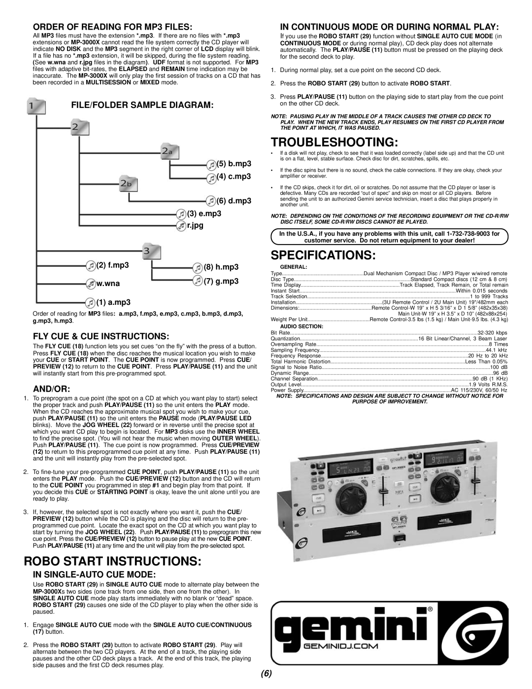 Gemini MP-3000X manual Robo Start Instructions, Troubleshooting, Specifications 