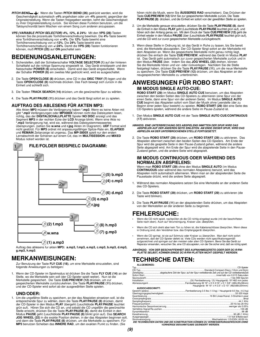 Gemini MP-3000X manual Bedienungsanleitungen, Merkanweisungen, Anweisungen FÜR Robo Start, Fehlersuche, Technische Daten 