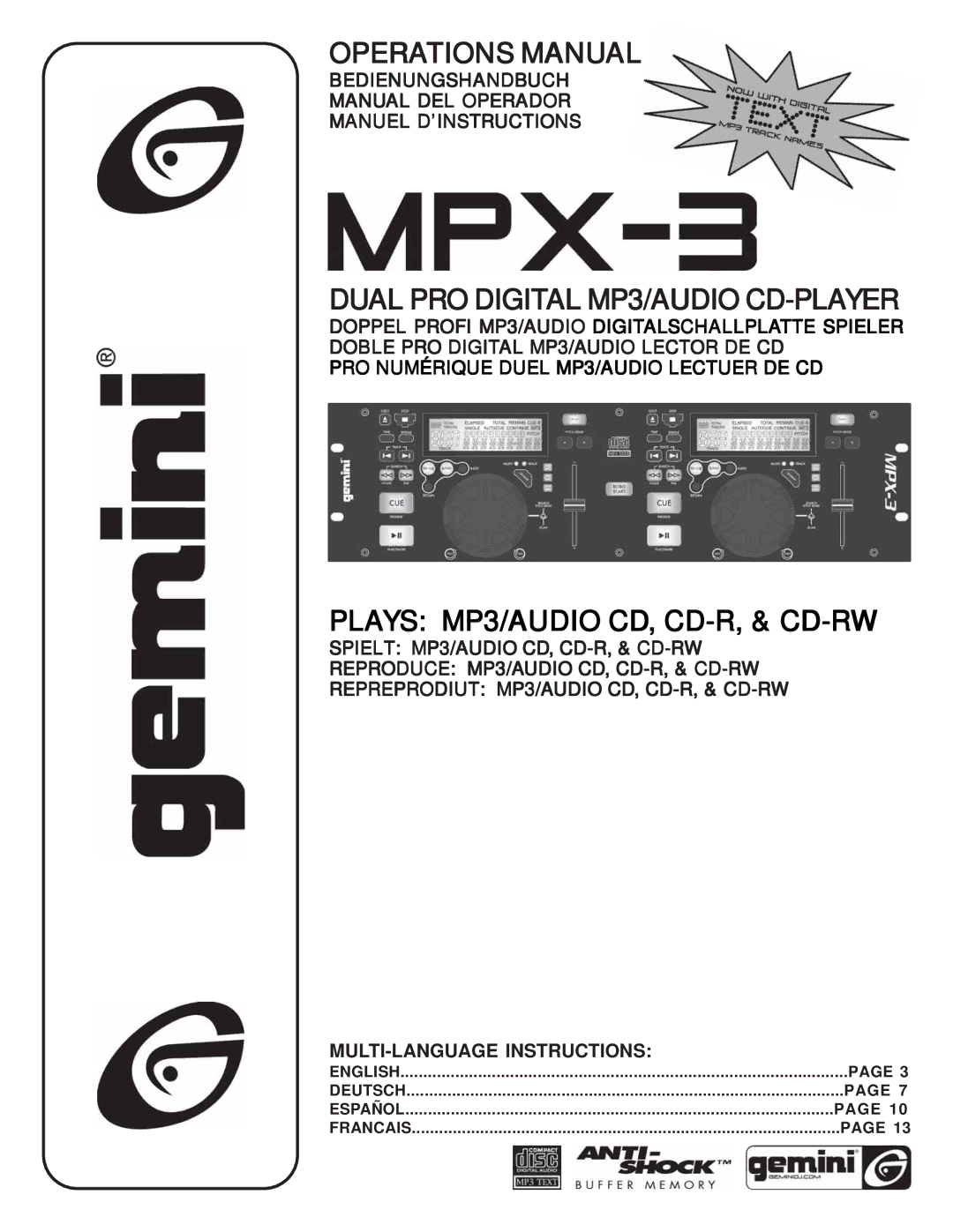 Gemini MPX-3 manual Operations Manual 