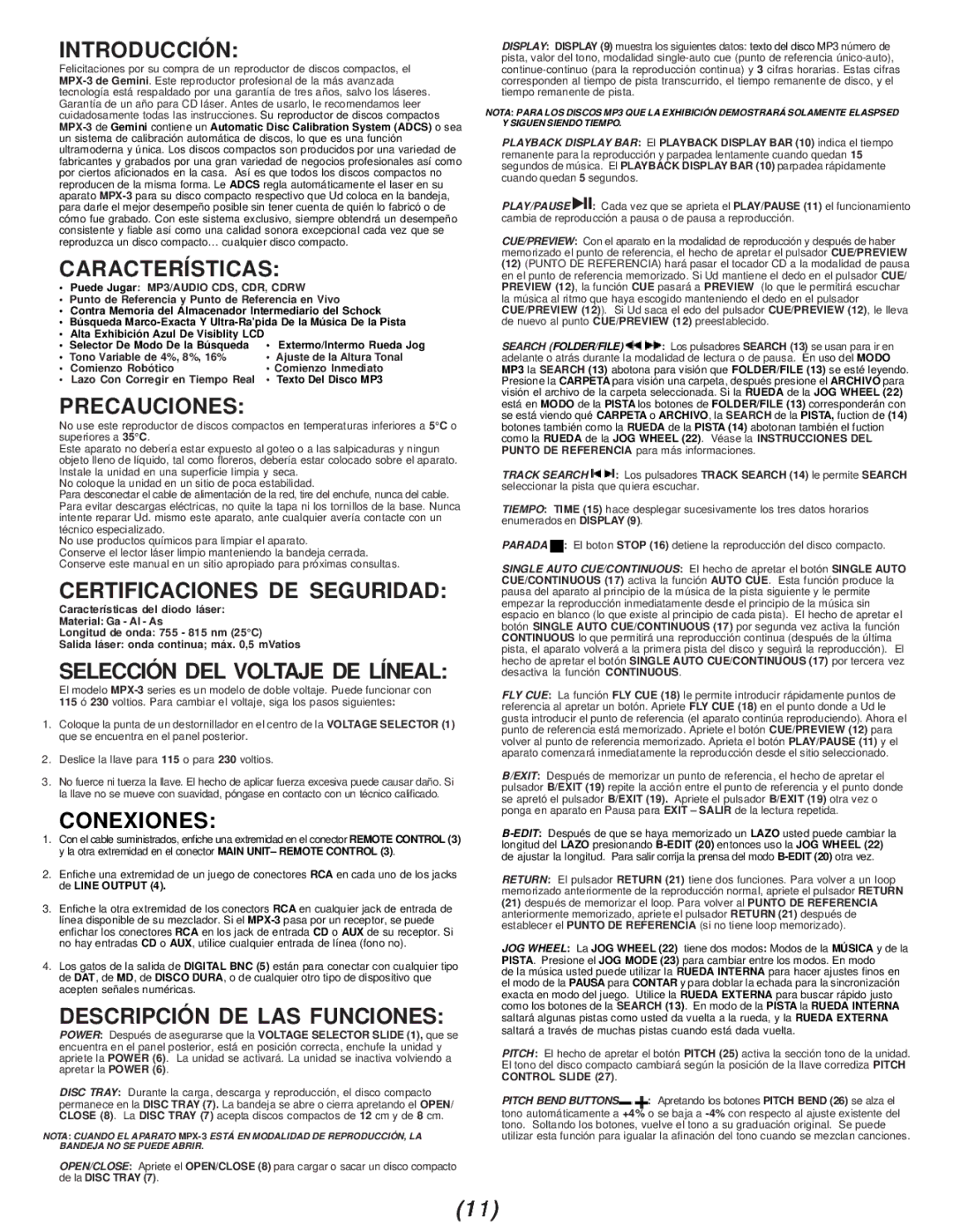 Gemini MPX-3 Introducción, Características, Precauciones, Certificaciones DE Seguridad, Selección DEL Voltaje DE Líneal 