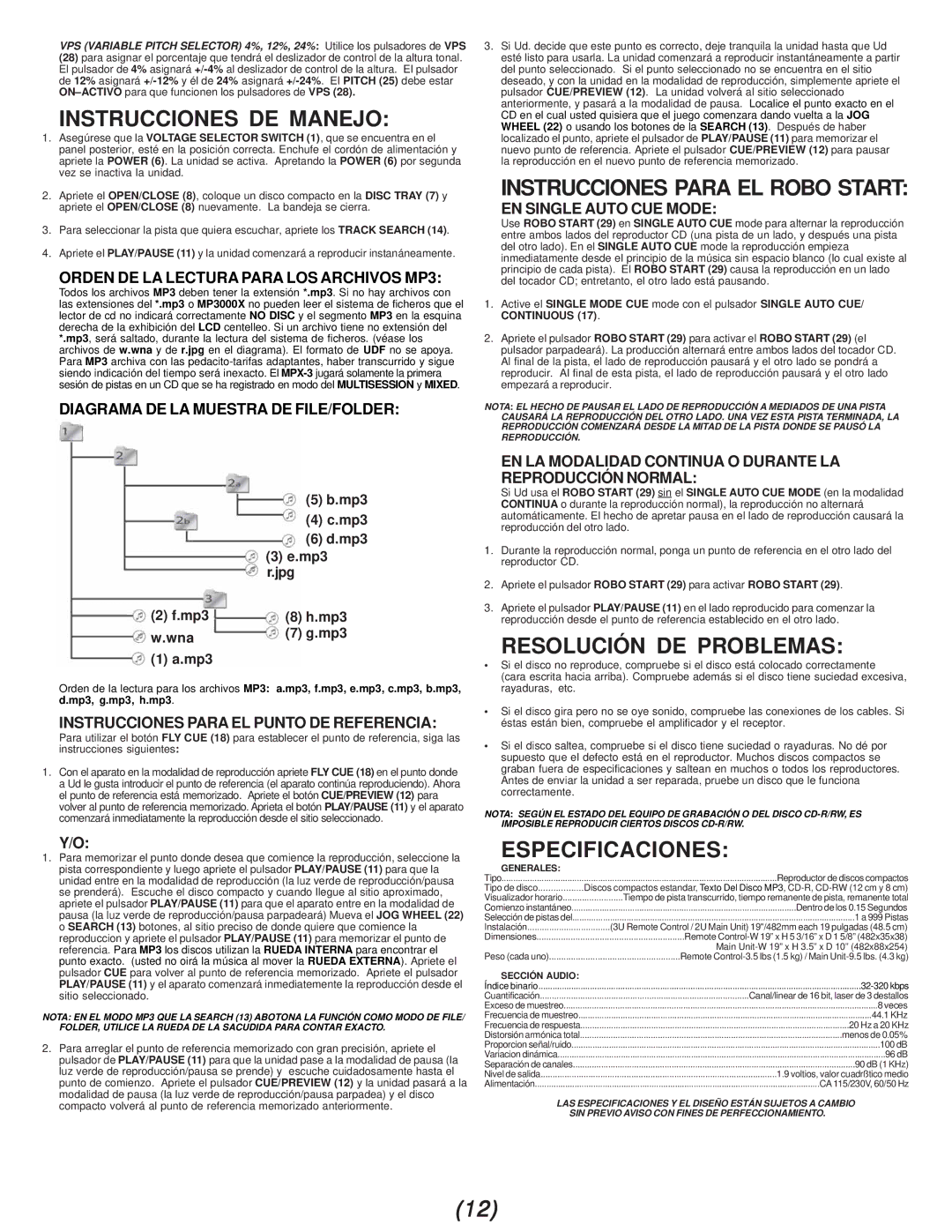 Gemini MPX-3 manual Instrucciones DE Manejo, Instrucciones Para EL Robo Start, Resolución DE Problemas, Especificaciones 