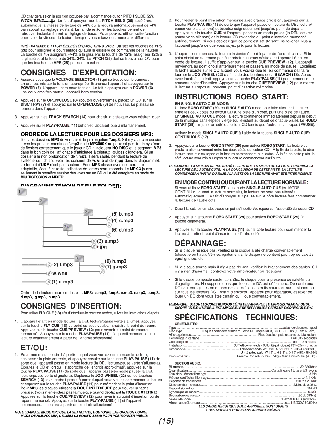 Gemini MPX-3 manual Consignes D’EXPLOITATION, Instructions Robo Start, Dépannage, Consignes D’INSERTION, Techniques, Et/Ou 