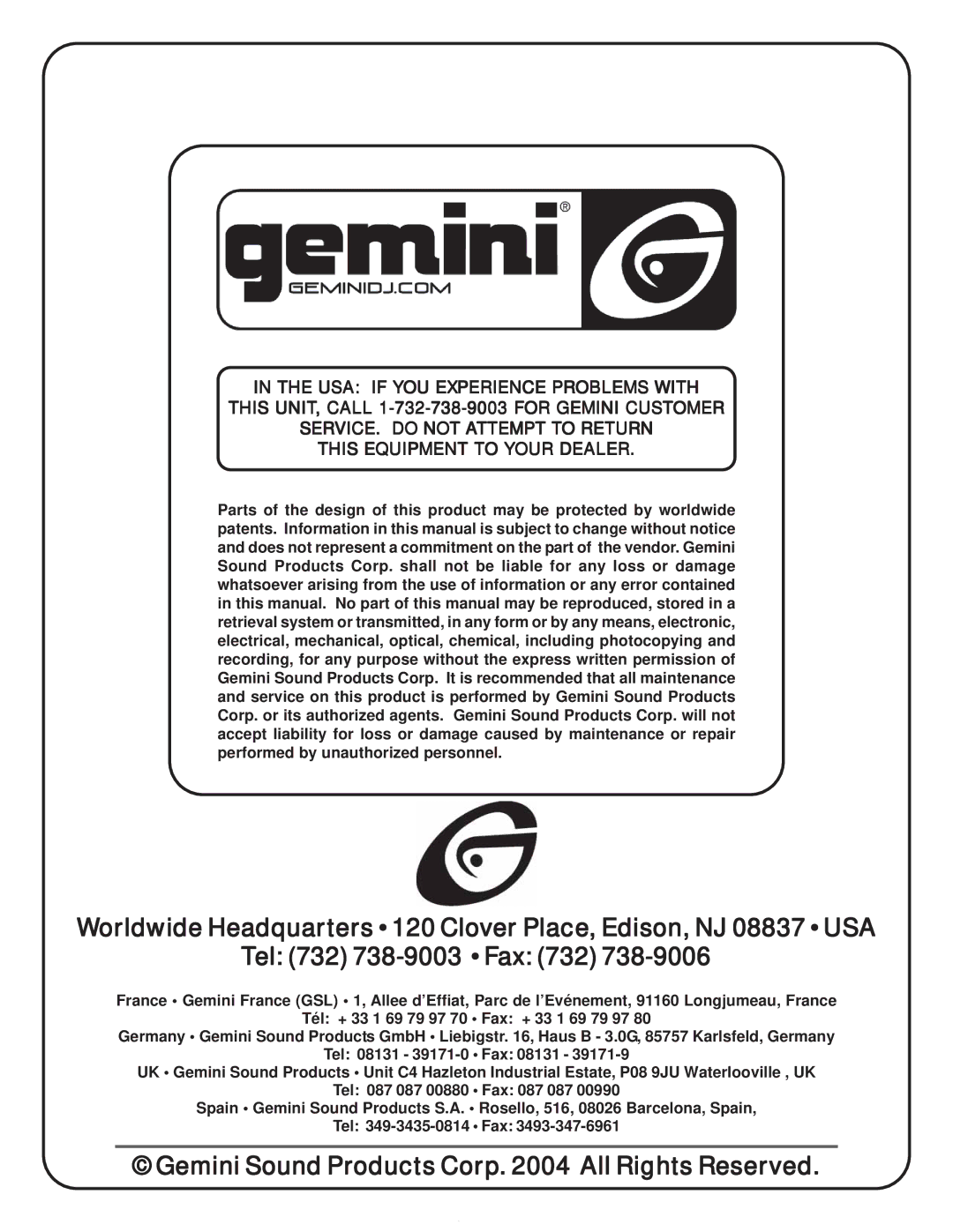 Gemini MPX-3 manual Gemini Sound Products Corp All Rights Reserved 